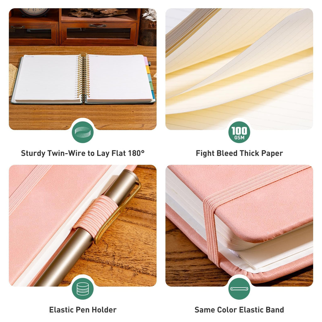 Ovesmusl Hardcover Spiral Notebook 8.5" x 11" with 5 Removable Dividers 300 Pages Leather 5 Subject Notebook College Ruled 100GSM Large Spiral Notebooks for Work Thick Lined Journal for Women, Pink