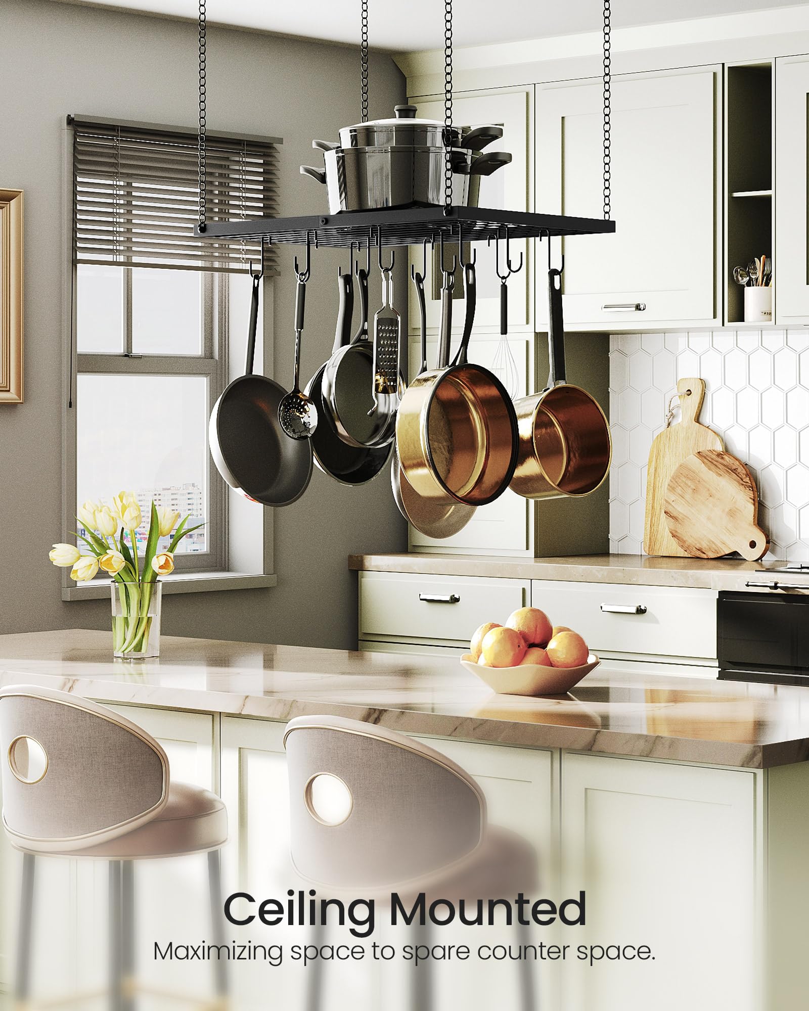 Hanging Pot Rack, Ceiling Mounted Pot Hanger for Kitchen, Metal Cookware Storage Organizer with 12 Hooks, for Storage of Cookware, Utensils in Kitchen, Black TPR03BB