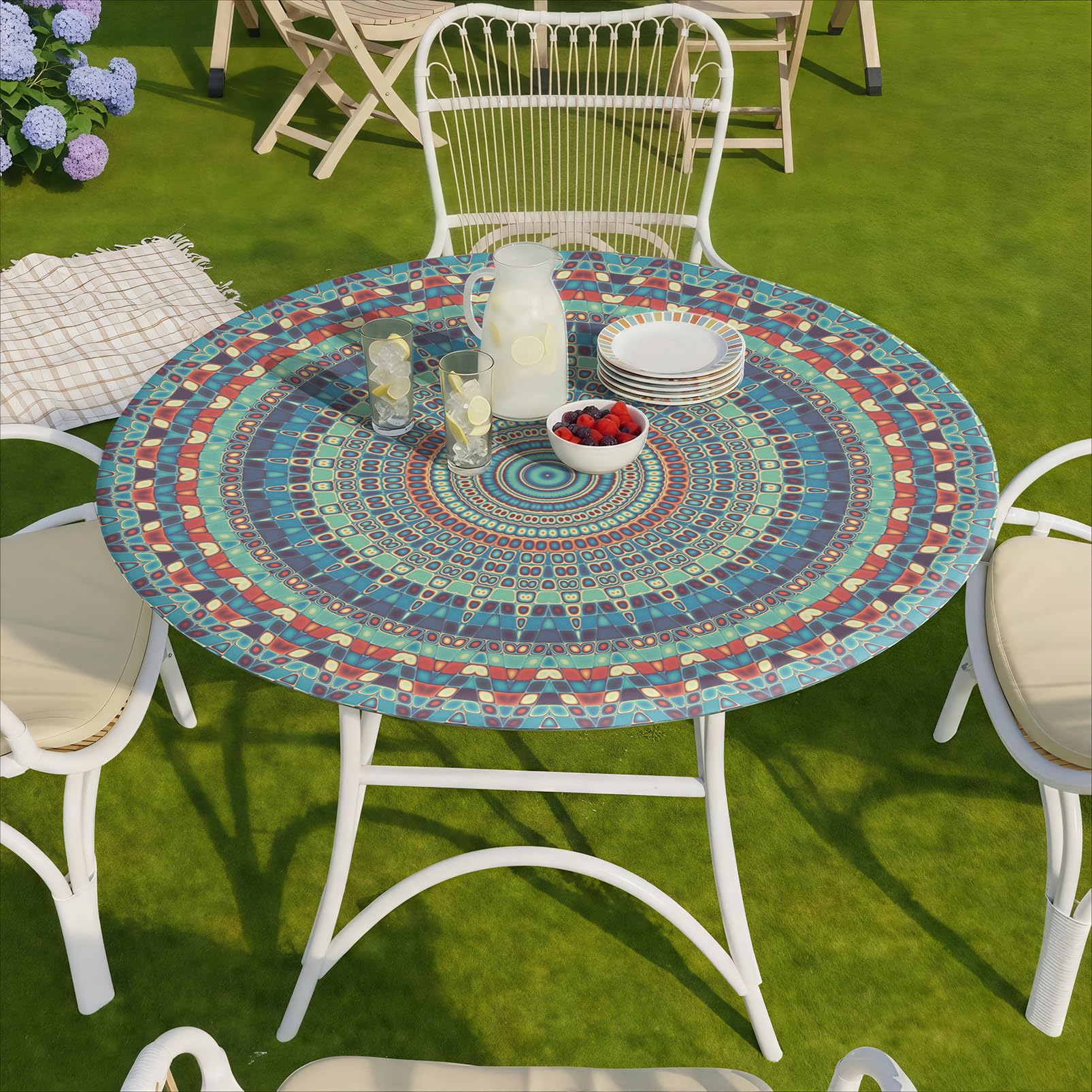 opstellen Boho Vinyl Round Tablecloth Waterproof Fitted Table Cloth Summer Fall Outdoor Circle Cover for 36-44" Tables Kitchen Dining Apartment Essentials Picnic Camping Party Decor Housewarming Gifts