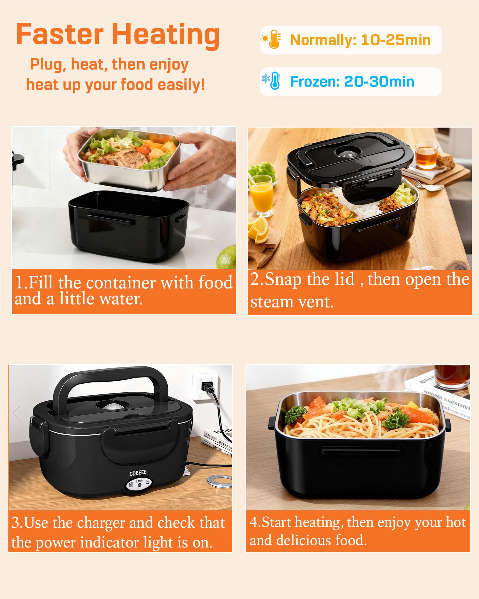 Electric Lunch Box Food Heater| 80W Rapid Heating 3-in-1 (Car 12V/24V & Home 110V) | 1.5L Portable Food Warmer Leak-Proof 304 Stainless Steel | Perfect for Work, Travel, On-The-GO (1.5L-Black)