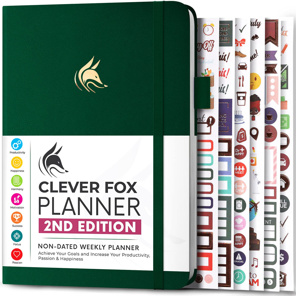 Clever Fox Planner 2nd Edition – Colorful Weekly & Monthly Goal Setting Planner, Habit Trackers, Time Management and Productivity Organizer, Gratitude Journal, Undated, A5, Lasts 1 Year – Forest Green