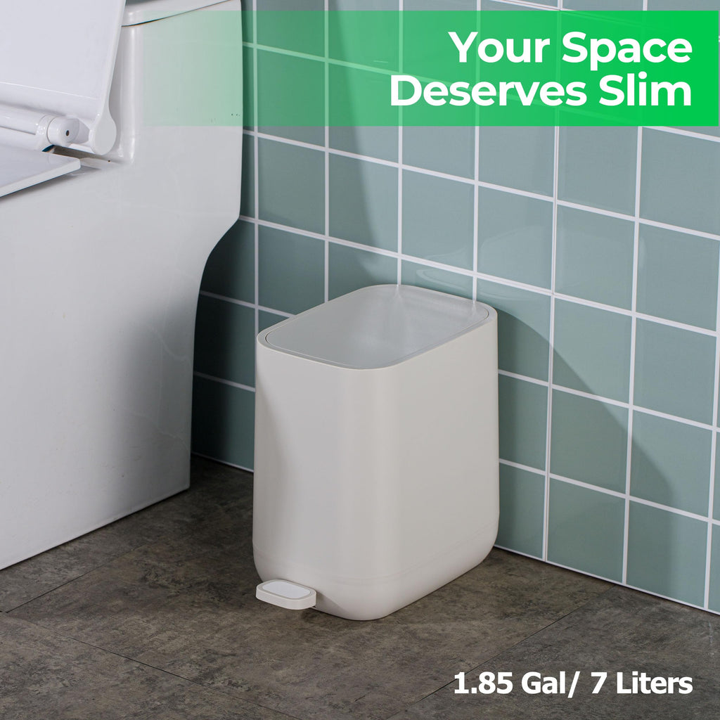 Veinvify 1.85 Gallons 7 Liters Slim Small Kitchen Trash Can with Lid Soft Close Dust Bin Step Pedal Garbage Waste Home Bathroom Office ABS Smooth Washable Poubelle Salle de Bain Beige