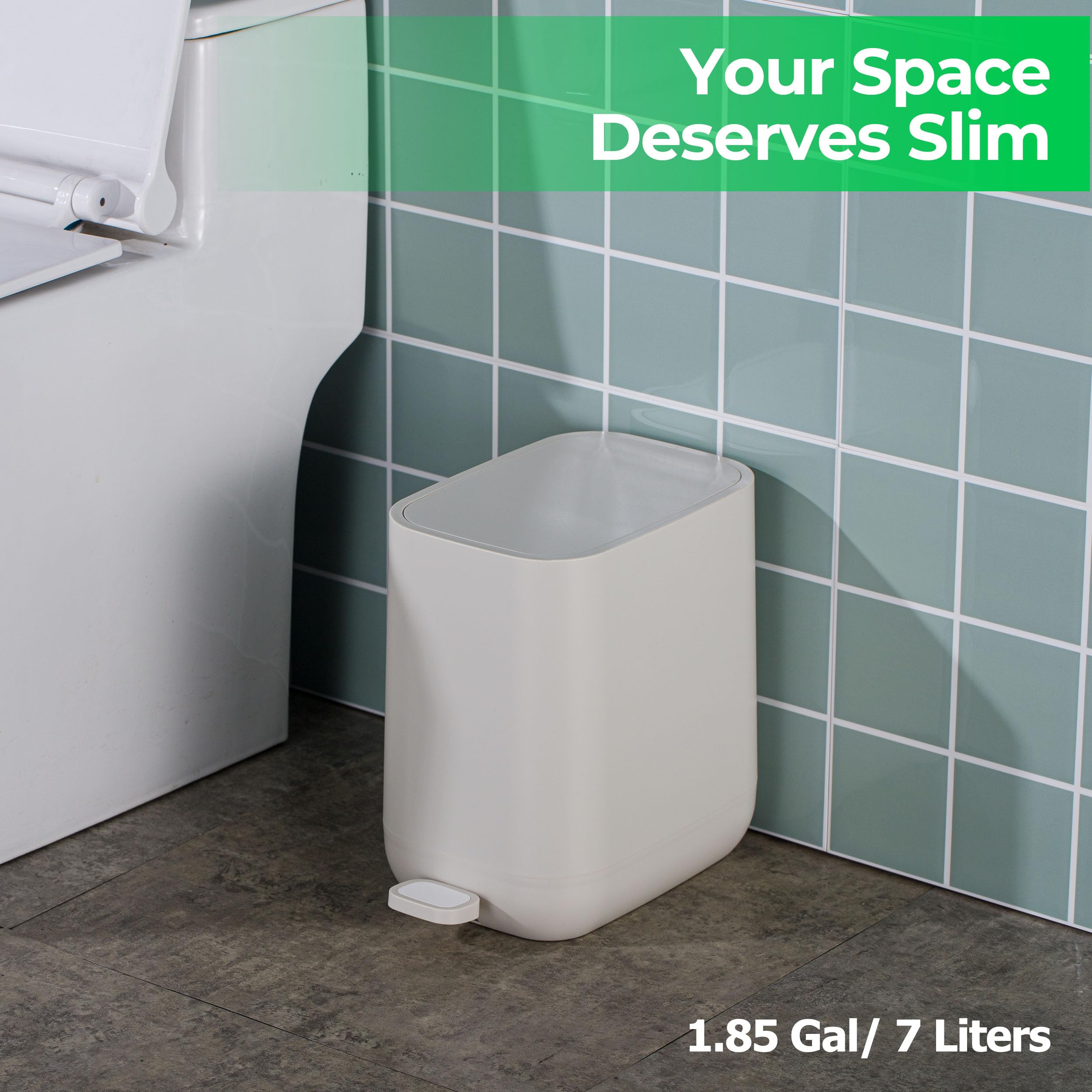 Veinvify 1.85 Gallons 7 Liters Slim Small Kitchen Trash Can with Lid Soft Close Dust Bin Step Pedal Garbage Waste Home Bathroom Office ABS Smooth Washable Poubelle Salle de Bain Beige