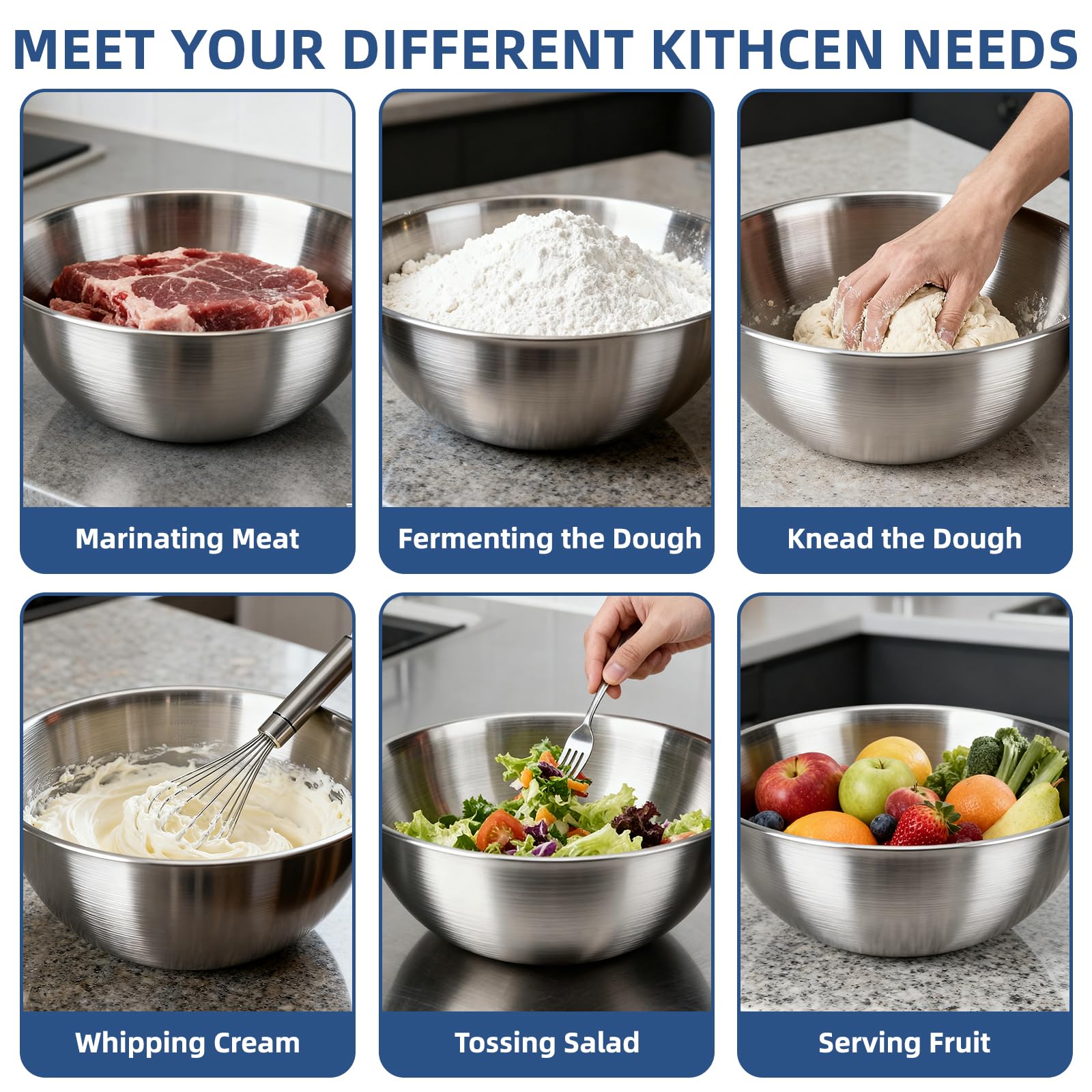 fecoqi 3-Set Stainless Steel Mixing Bowls Set Metal Bowl Set with Measurement Marks, Dishwasher Safe & Stackable - Perfect for Baking, Salad Making, Meal Prep and Kitchen Use