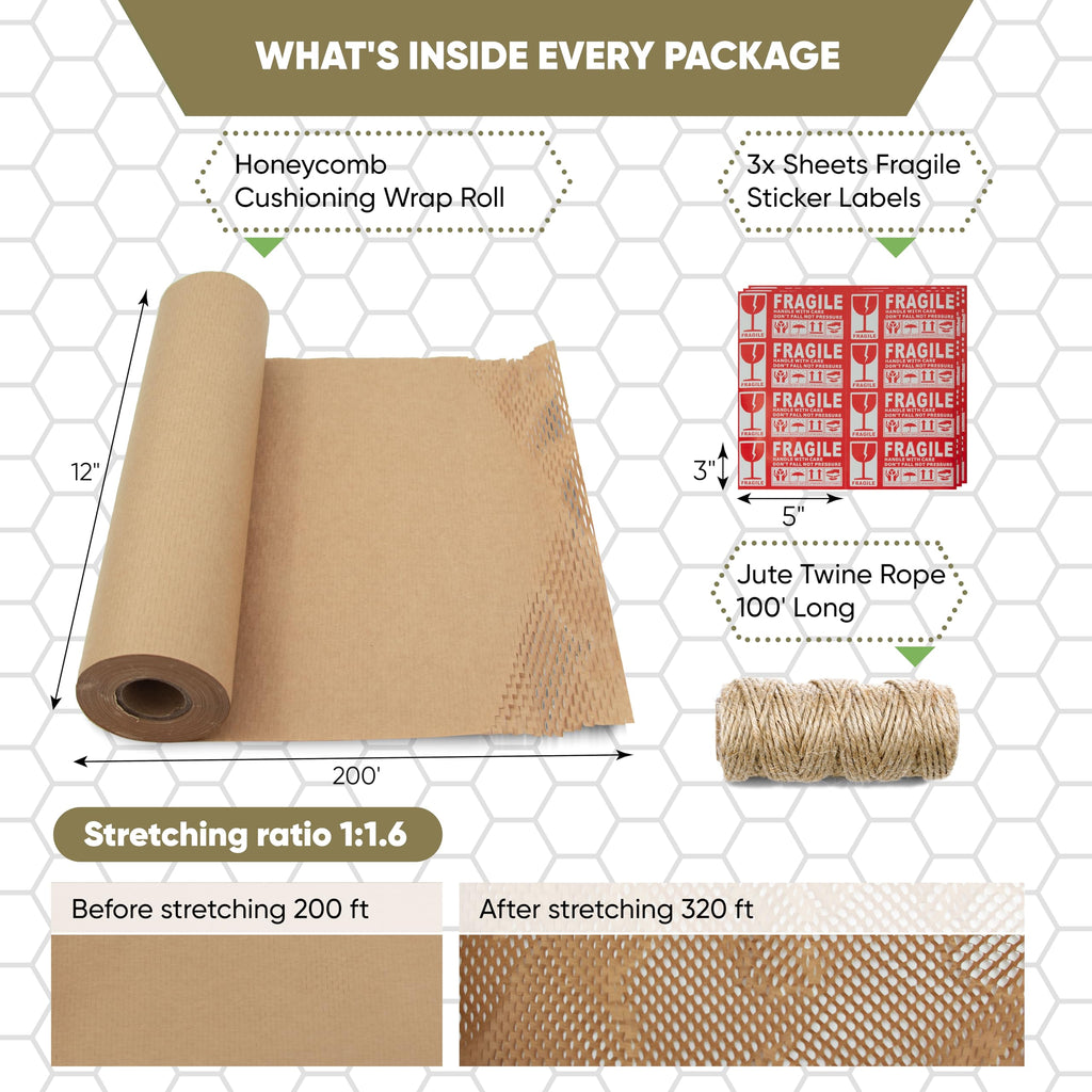 Honeycomb Packing Paper 12” x 200' with 24 Fragile Stickers & Rope | Eco-Friendly Bubble Cushioning Wrap Roll for Packing & Moving Supplies | Honeycomb Kraft Paper Roll for Packing & Moving Boxes