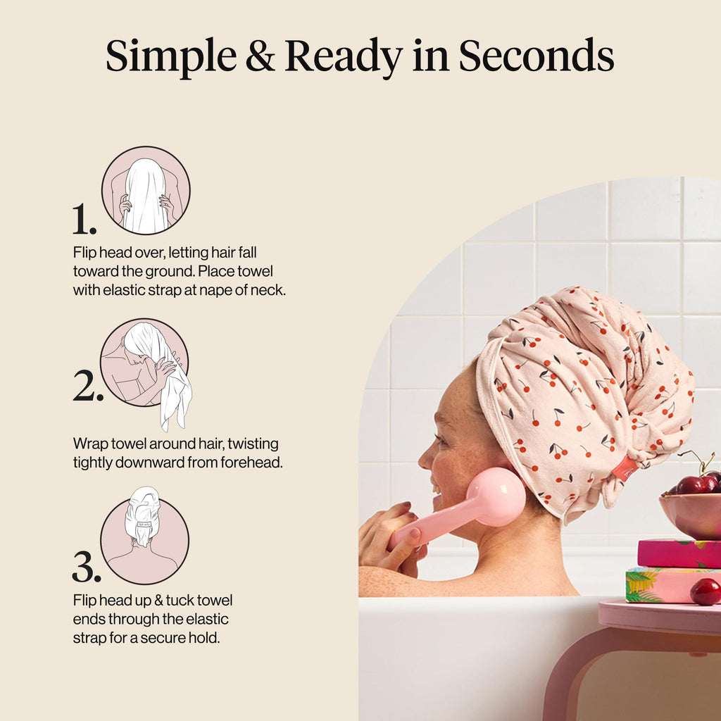 Kitsch XL Microfiber Hair Towel Wrap for Women - Microfiber Towel, Super Absorbent, Quick Dry, Anti-Frizz - for Long and Short Hairs, Turbans for Women, Wet and Curly Hair Wrap - Cherry Print