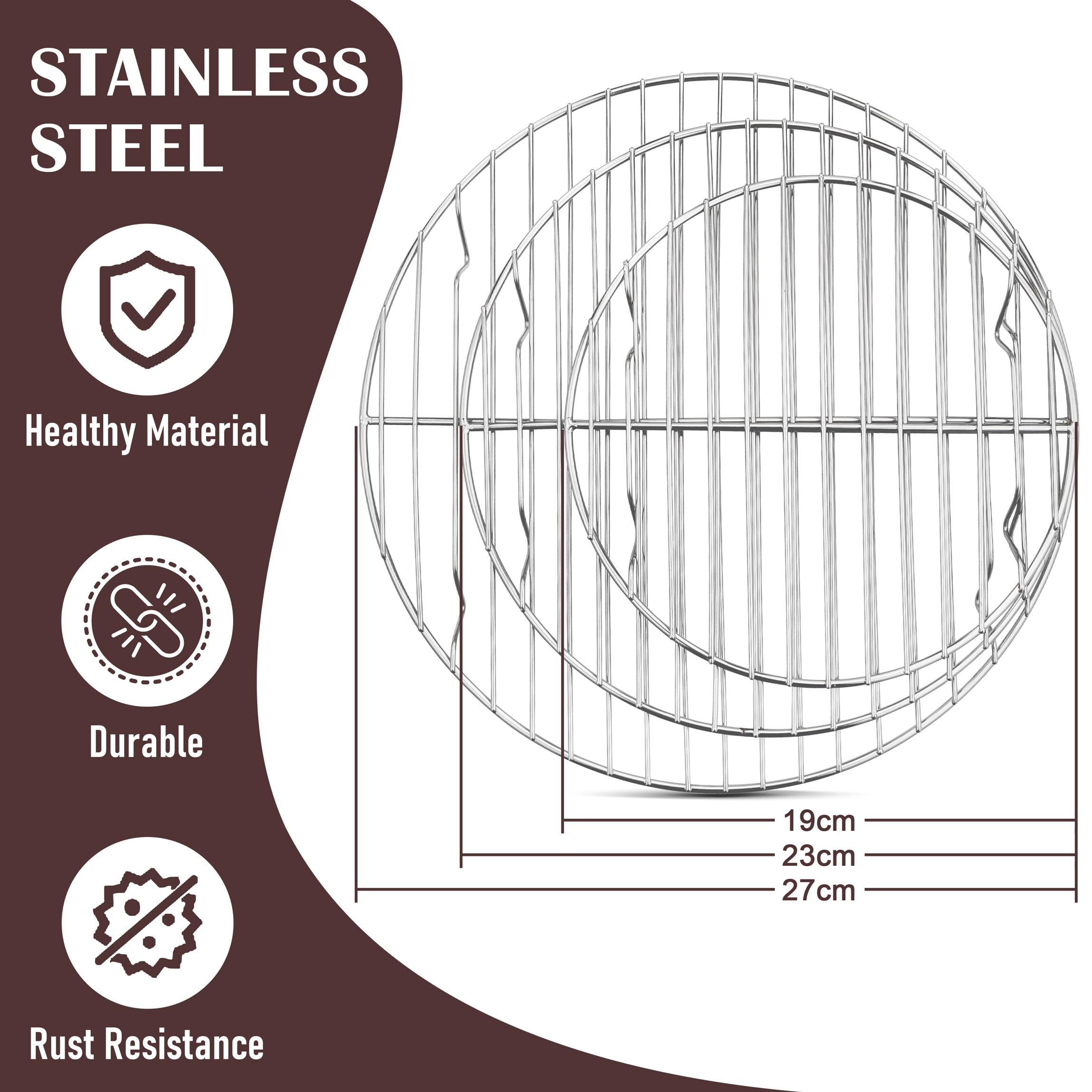 Round Cooling Rack, HaSteeL 3 Pcs Stainless Steel Steaming Roasting Grilling Baking Racks, Non-stick Wire Rack for Air Fryer, Pressure Cooker, Non-toxic & Rust Free, Oven & Dishwasher Safe -19/23/27cm