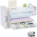 Desk Organizer with File Holder, 4-Tier Paper Tray with Drawer and 2 Pen Holders, Mesh Office Desk Accessories with Magazine File Holder, Desk Tidy for Office Supplies (White)