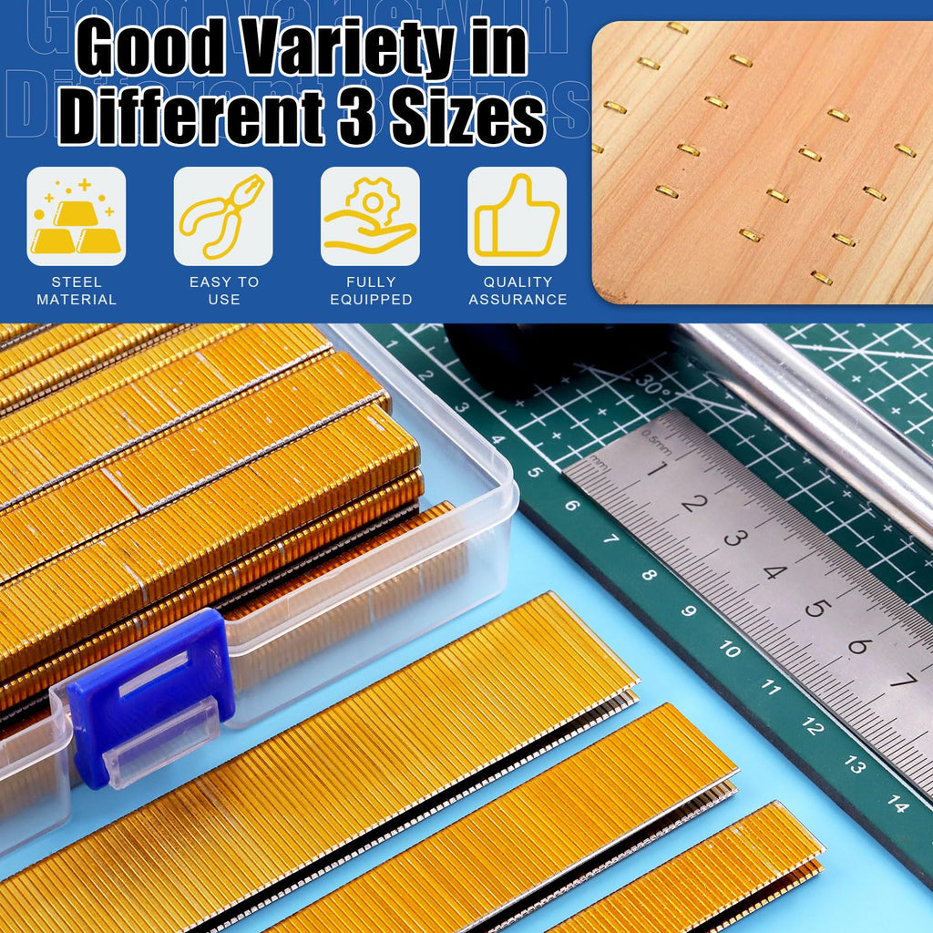 Glarks 2800Pcs 18 Gauge Narrow Crown Staples, 3 Sizes 1/2", 3/4", 1" Galvanized Crown Narrow Staples Assortment Kit for Electric Stapler, Pneumatic, DIY Home Improvement (Gold)