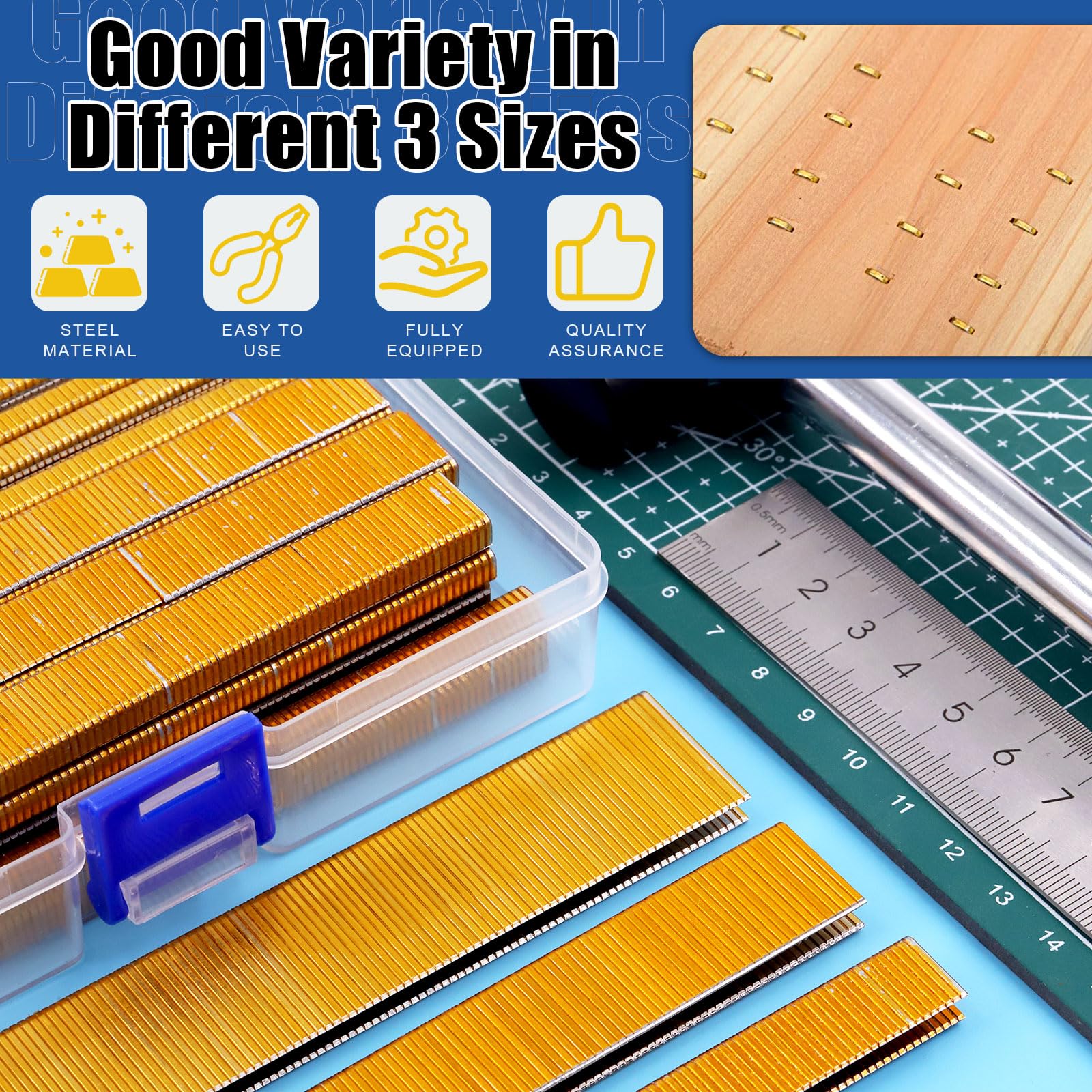 Glarks 2800Pcs 18 Gauge Narrow Crown Staples, 3 Sizes 1/2", 3/4", 1" Galvanized Crown Narrow Staples Assortment Kit for Electric Stapler, Pneumatic, DIY Home Improvement (Gold)