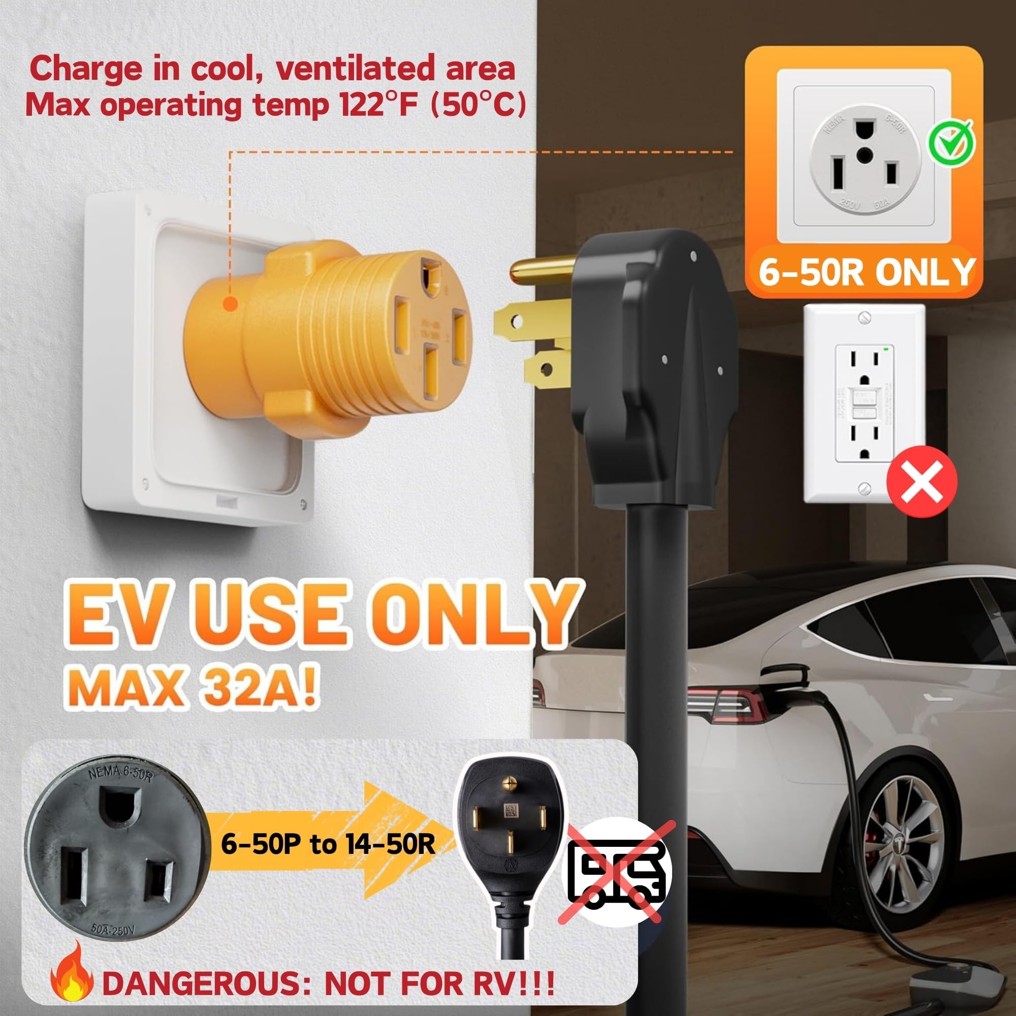 MECMO NEMA 6-50P to 14-50R EV Charger Adapter, 240V 50 Amp 3 Prong Welder Plug to 4 Prong EV Charging Connector, Portable Compact Adaptor Converts Welding Machine Inlet to 4-Prong 50A