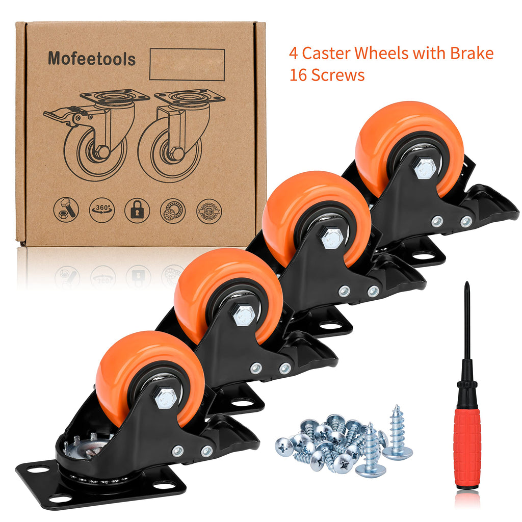 2 Inch Caster Wheels Load 600 Lbs,Orange Polyurethane Castors, Top Plate Swivel Wheels, Casters Set of 4, Locking Casters for Furniture and Workbench,4 Pack Casters with Brake