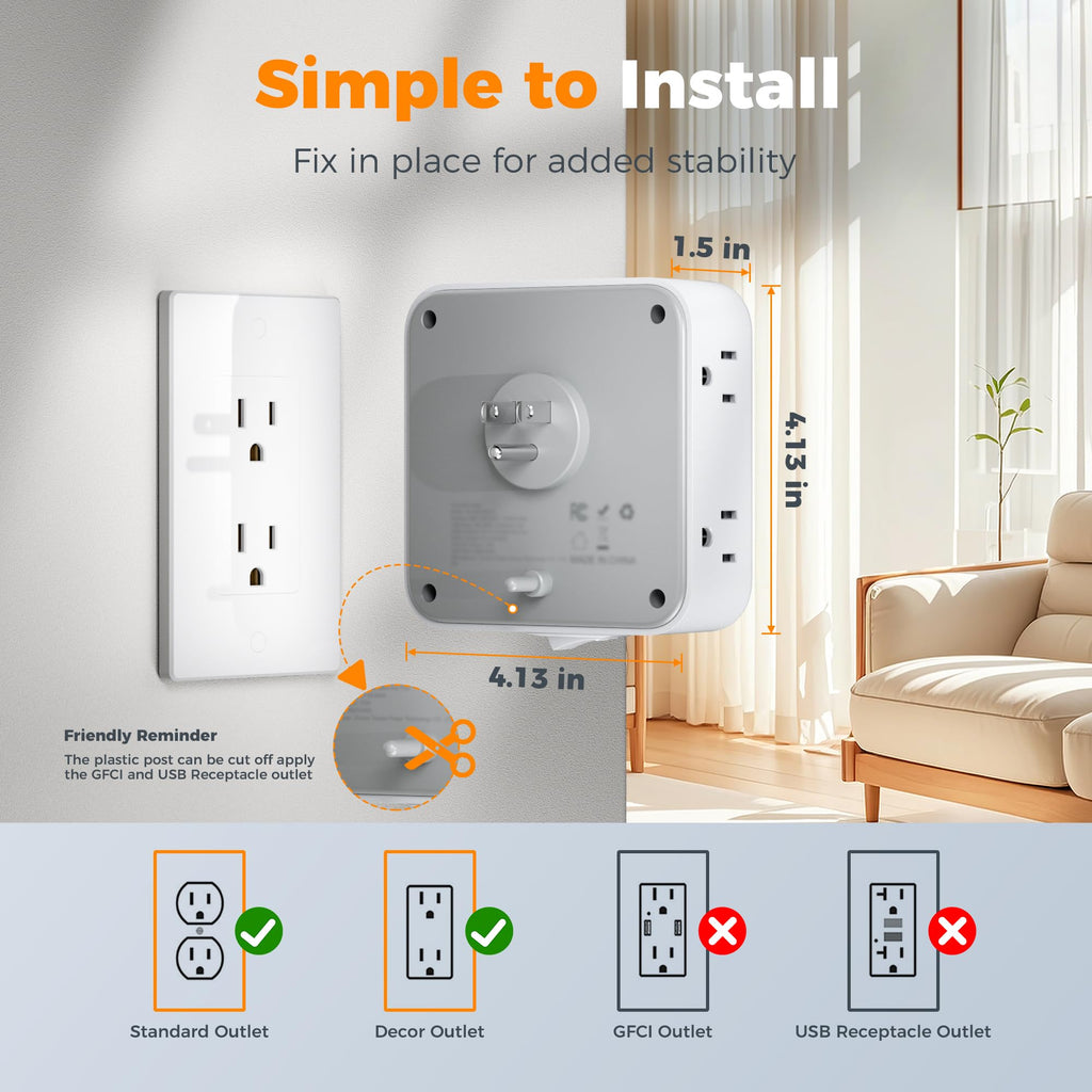 Multi Plug Outlet Extender, TESSAN 900J Surge Protector Plug Extension Block, 8 Outlet Splitter with 3 USB Ports (1 USB C), Electrical Socket for Home Office Dorm Room Essentials, Gray