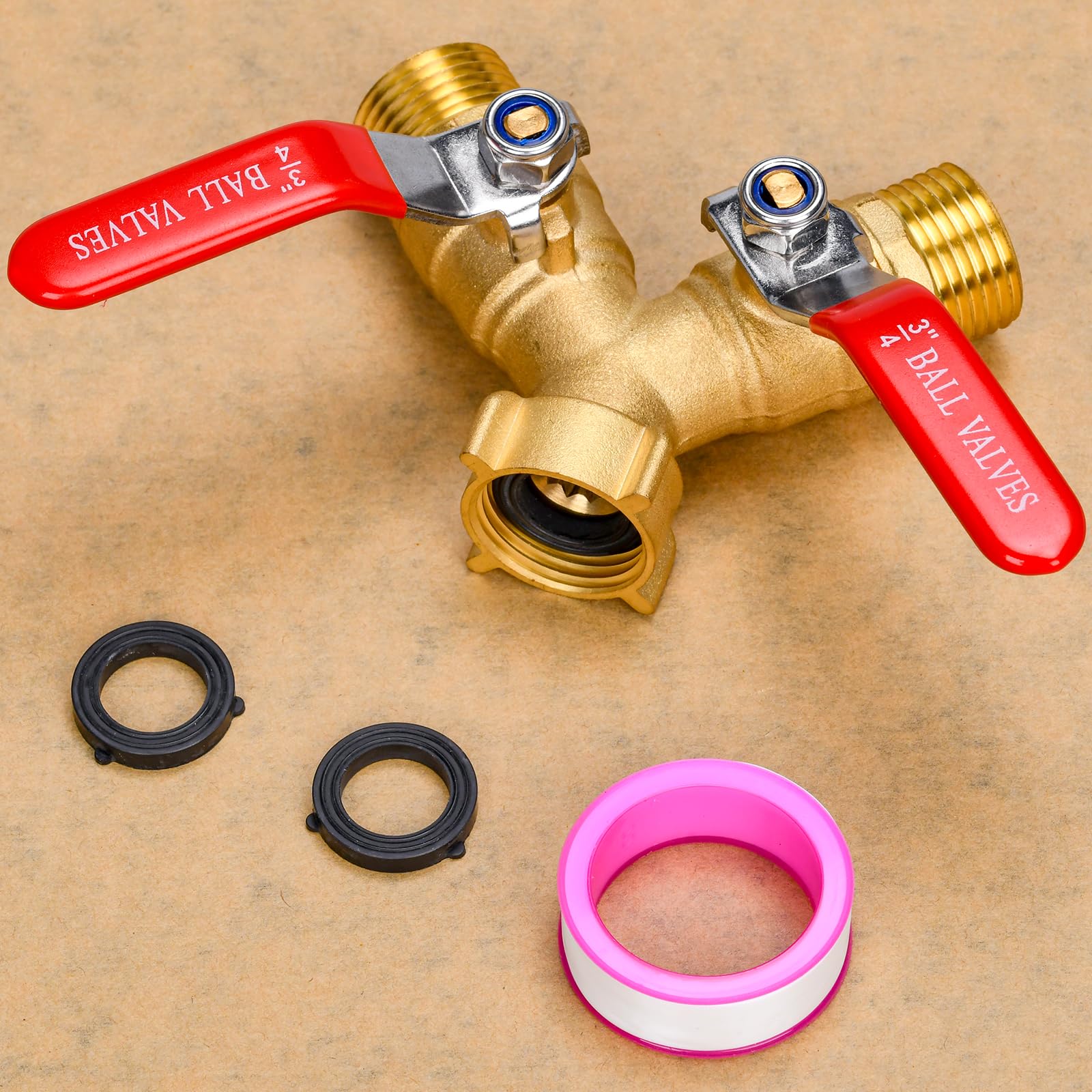 XIBETEO Heavy Duty Brass Garden Hose Splitter 2 Way with Stainless Steel Long Handle 3/4" GHT Thread Hose Y Valve Garden Hose Connector with Seal Tape and Washers