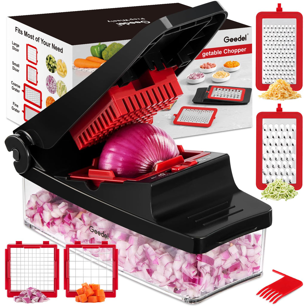 Vegetable Chopper, Food Onion Cutter, Vegetable Mandoline Slicer Dicer, Kitchen 4 in 1 Veggie Chopper with Container for Potato Salad Carrot, Red