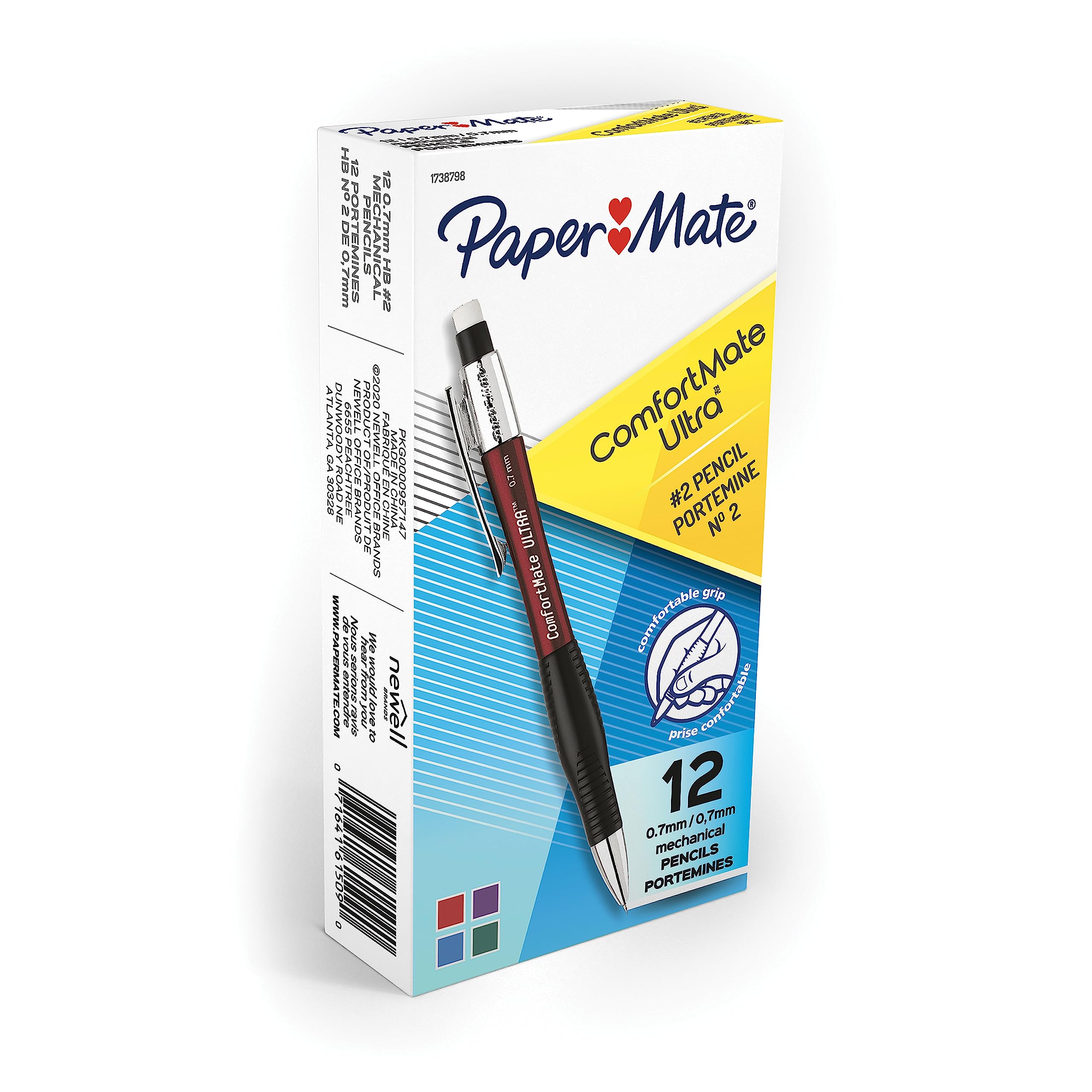 Paper Mate Comfort Mate Ultra Mechanical Pencils, HB #2 Pencil Lead (0.7 mm), Assorted Barrel Colours, 12 Count - Great for Standardized Tests