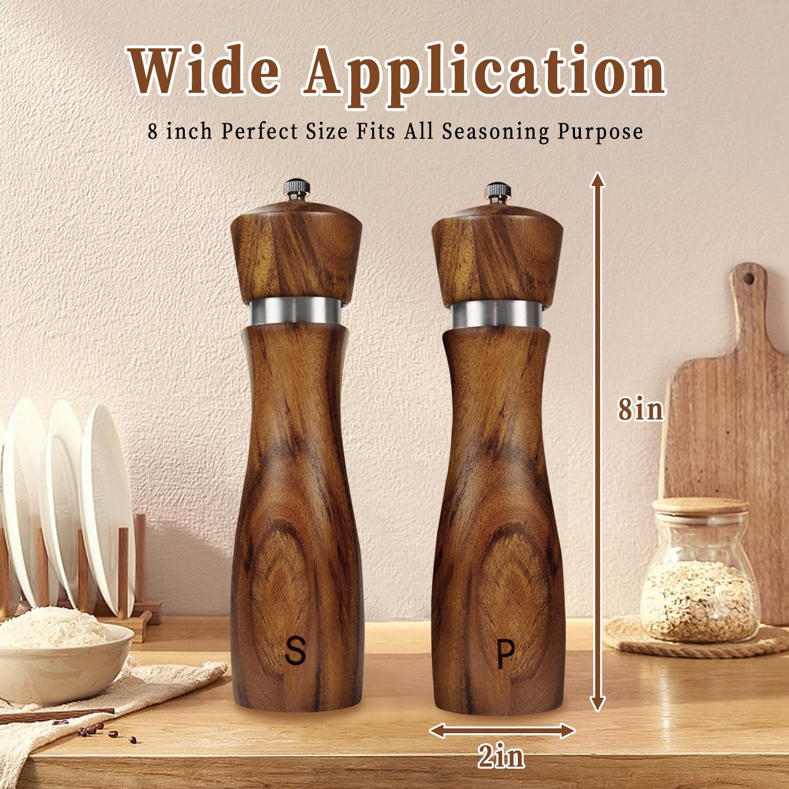 2 Pack Salt and Pepper Grinder Set, Acacia Salt and Pepper Mills Wood Salt Shaker with Ceramic/Stainless Steel Core, Modern and Elegant Wooden Salt and Pepper Mill Set Gifts for Housewarming Kitchen