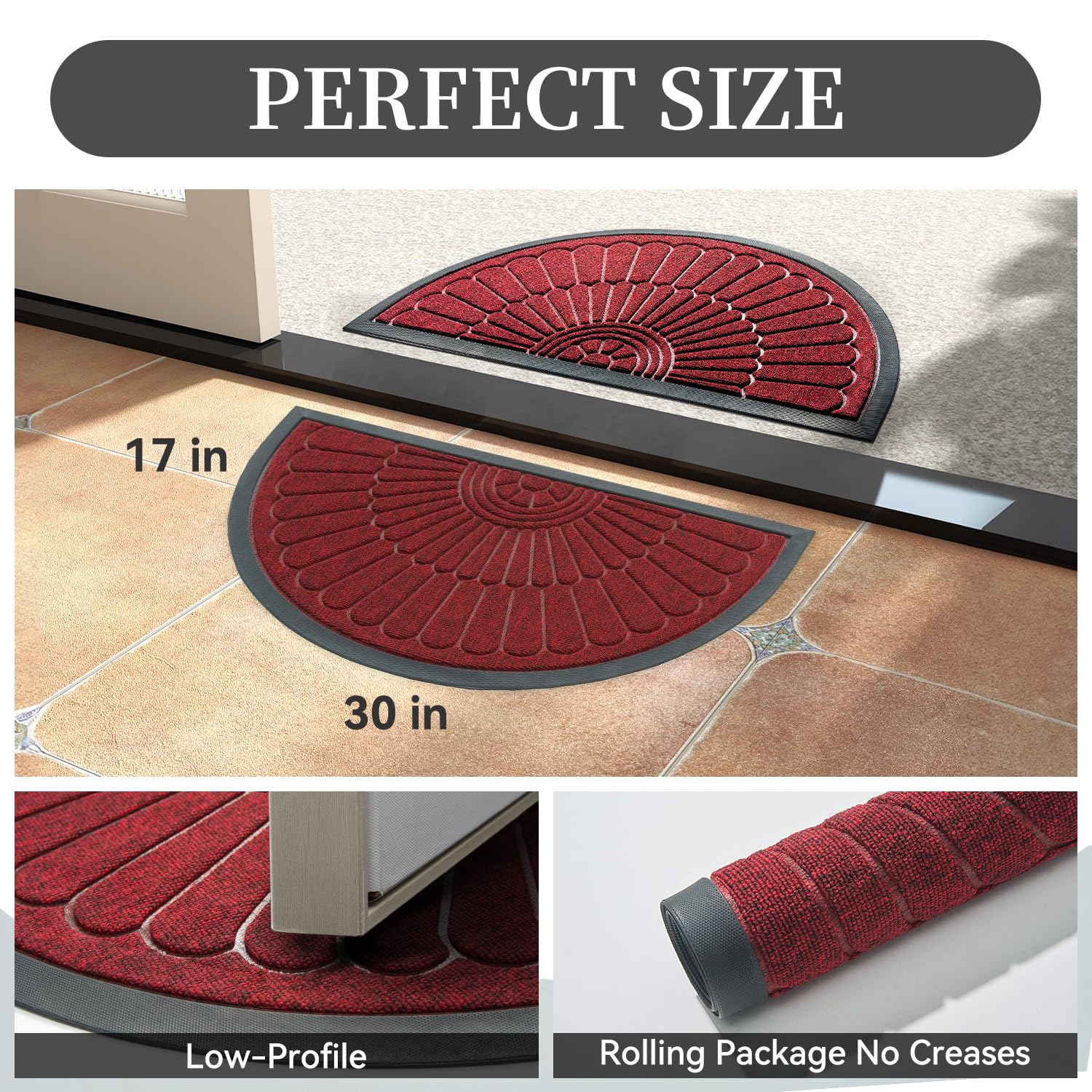 Front Door Mat Outdoor Indoor Welcome Mat-Semicircular 43X75CM Non Slip Heavy Duty Rubber Doormat-Absorbent Entryway Rug Entrance Doormat Entry Rug Dirt Scraping Shoe Mat Red