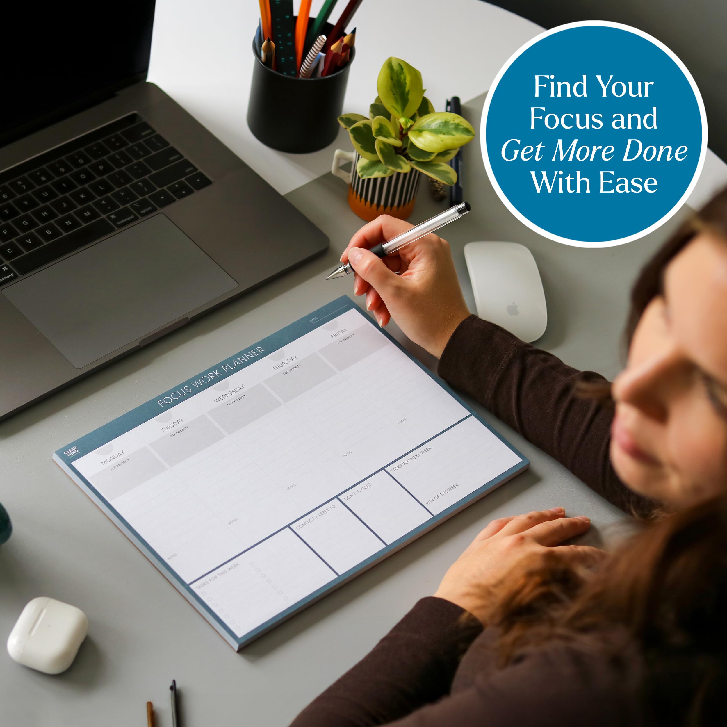 Clear Mind Concepts® Focus Work Planner Pad - A4 Weekly Productivity Desk Pad, 52 Undated Tear-Off Sheets (29.7 × 21cm) - Track Priorities, Tasks, Notes & Goals for Office, School & Home