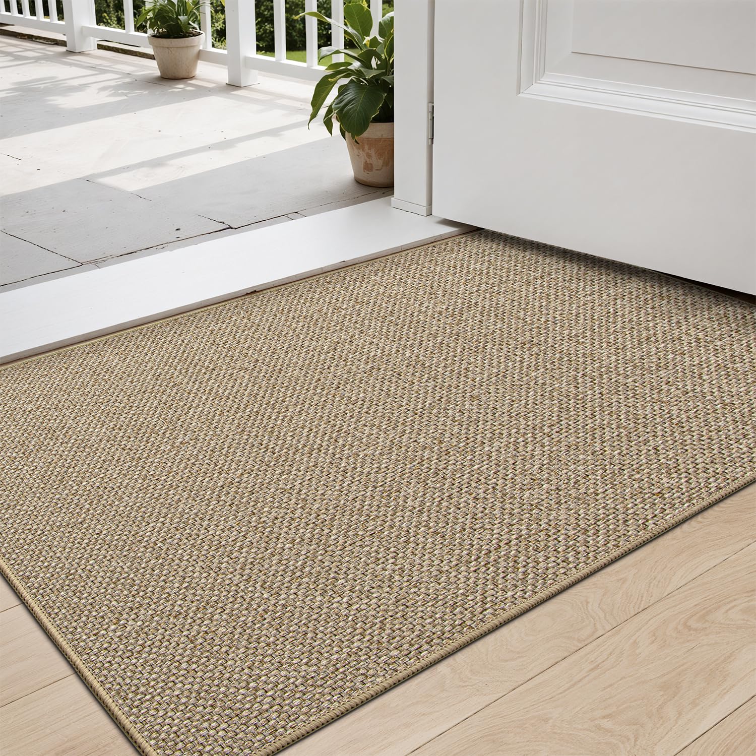 DEXI Door Mat Indoor Entrance, 17x29 Small Ultra Thin Front Entry Rug Floor Carpet, Washable Dirt Trapper Doormat with Non Slip Rubber Waterproof Back for Entryway, Beige