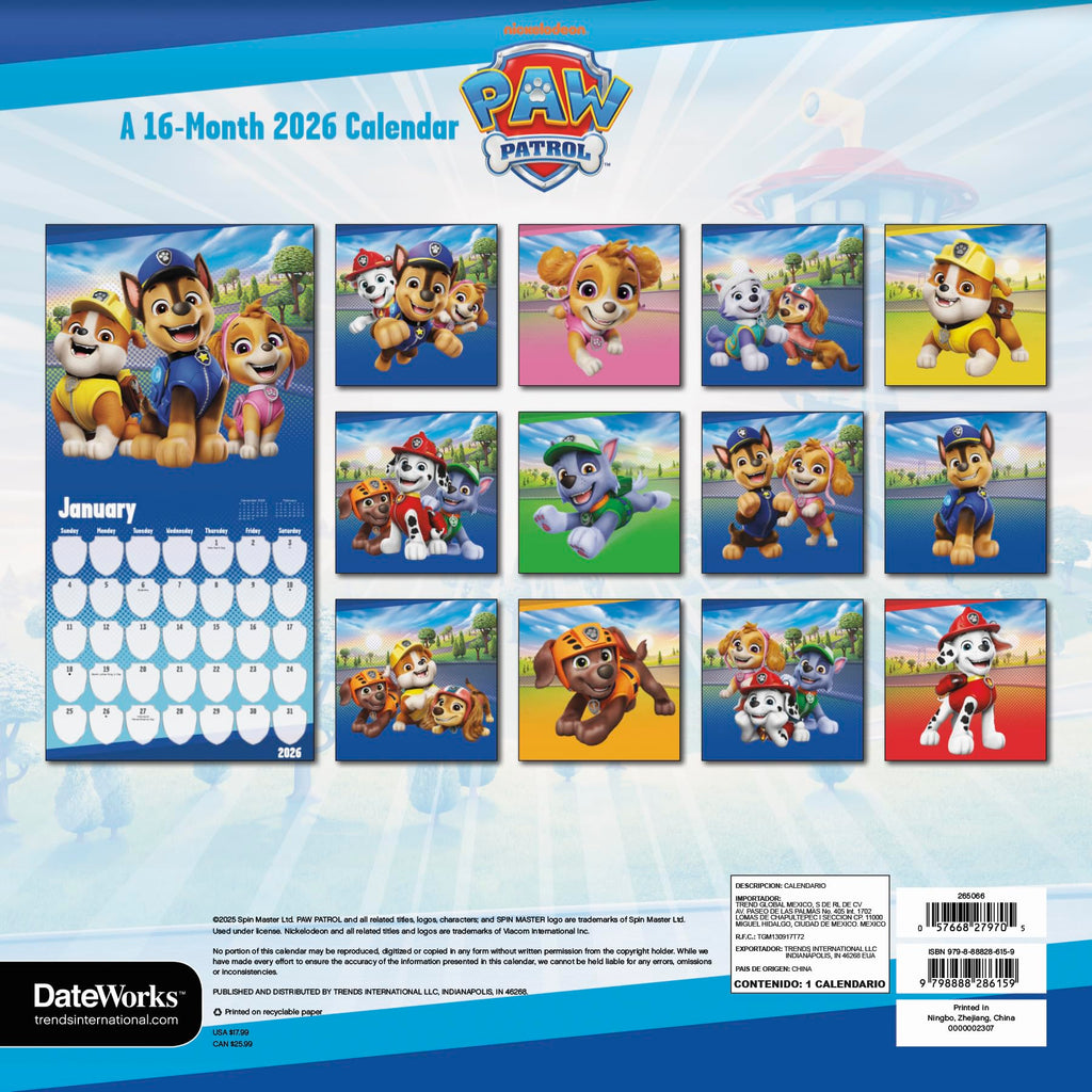 2026 Paw Patrol Wall Calendar