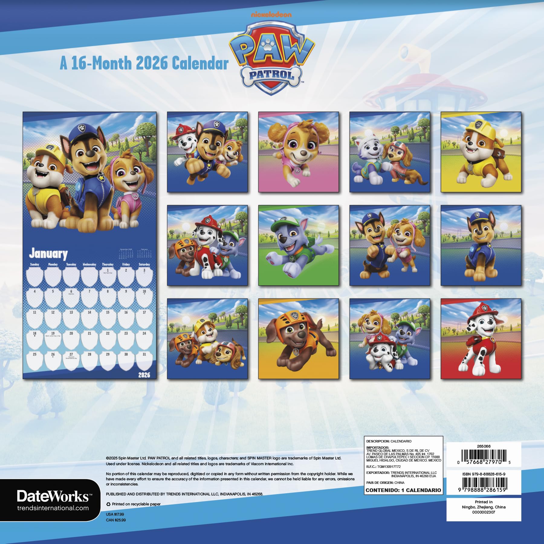 2026 Paw Patrol Wall Calendar