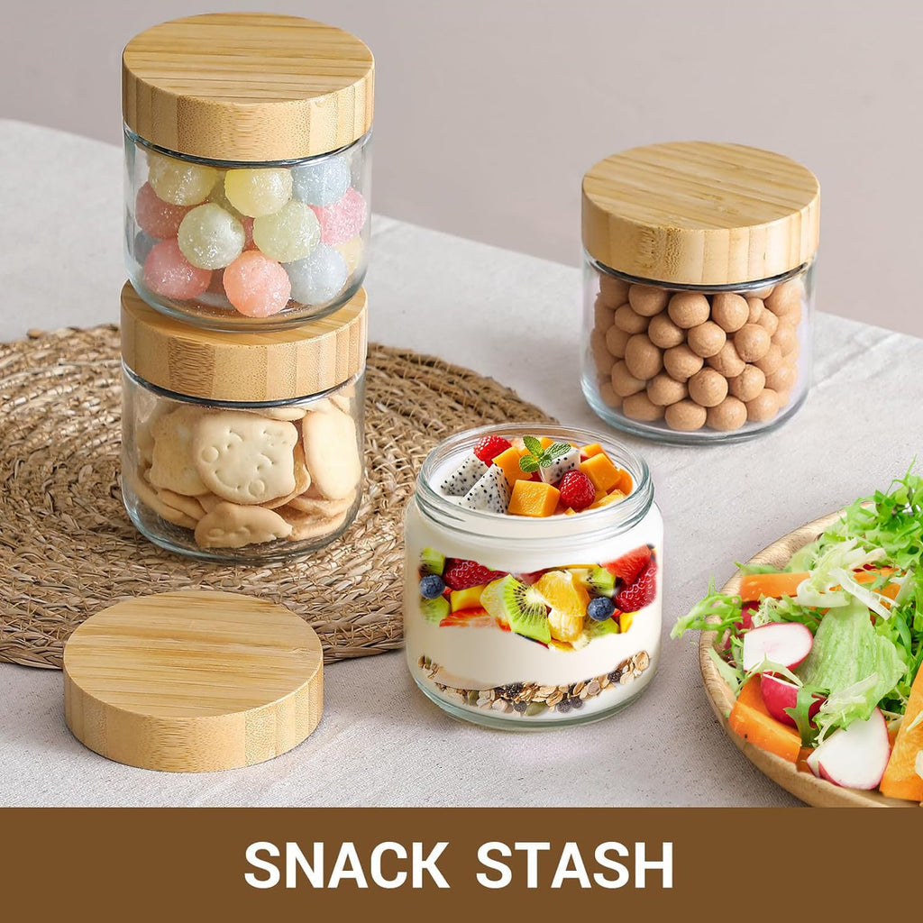 Oillase 4-pack 10oz Glass jars with Airtight Lids, Overnight Oats Containers with Bamboo Lids, Wide mouth Mason Salad jars, Glass Food Storage Containers for Snacks Yogurt Spice Sugar