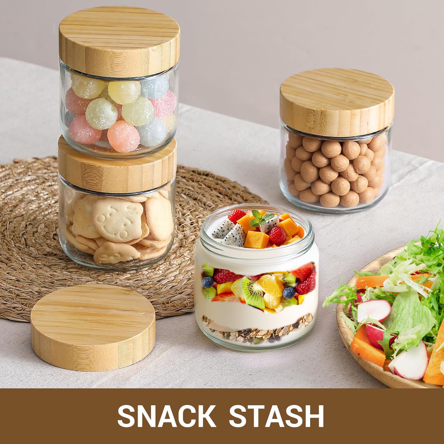 Oillase 4-pack 10oz Glass jars with Airtight Lids, Overnight Oats Containers with Bamboo Lids, Wide mouth Mason Salad jars, Glass Food Storage Containers for Snacks Yogurt Spice Sugar