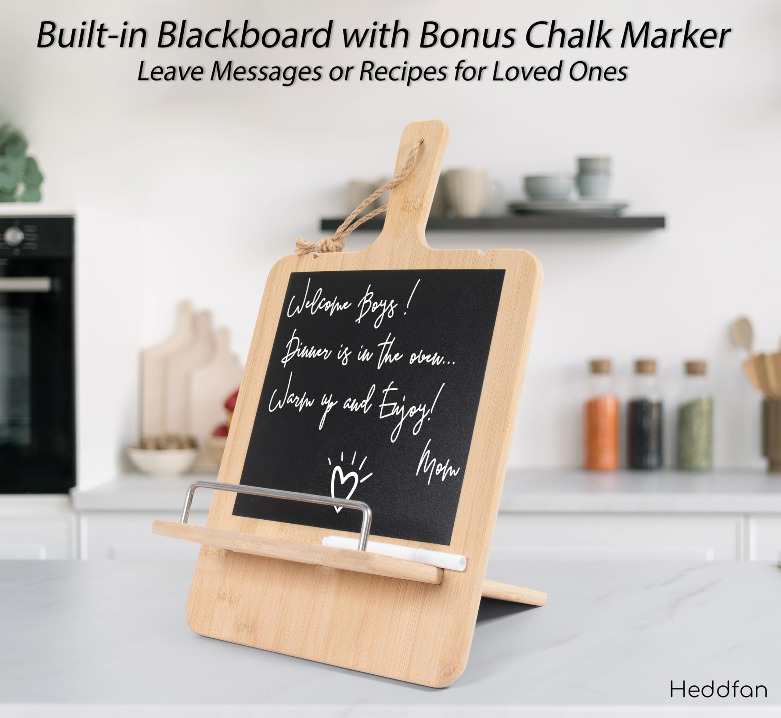 Adjustable Cookbook Stand with Conversion Chart & Built in Blackboard – Bamboo Recipe Book Holder for Kitchen Counter, Great for All Books, Phones, Tablets, & iPads