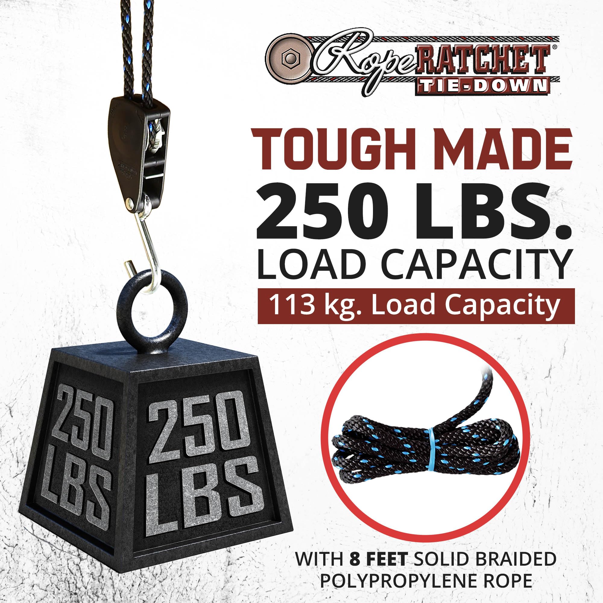 Rope Ratchet - 3/8" Ratchet Tie Down Rope, Block & Tackle Pulley System, Rope Hoist Hanger, Pulley Hoist with Hooks, 8' Braided Polypropylene Rope, 250 lbs Capacity