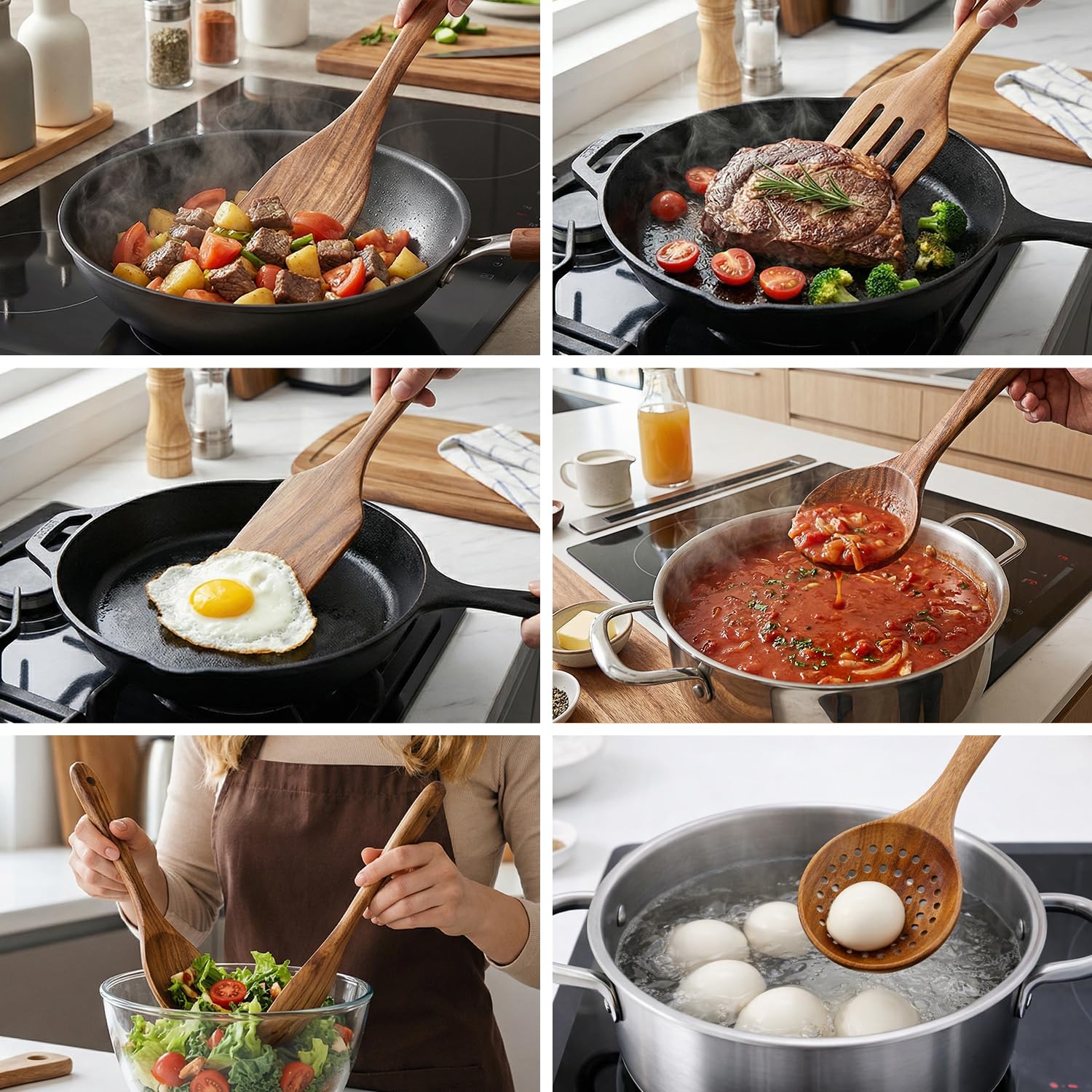 7 Pcs Acacia Wood Cooking Utensils Set Large Wooden Spoons for Cooking Spatula Salad Spoon Salad Fork Slotted Spoon Mixing Spoon Flat Spatula Turner Kitchen Utensils