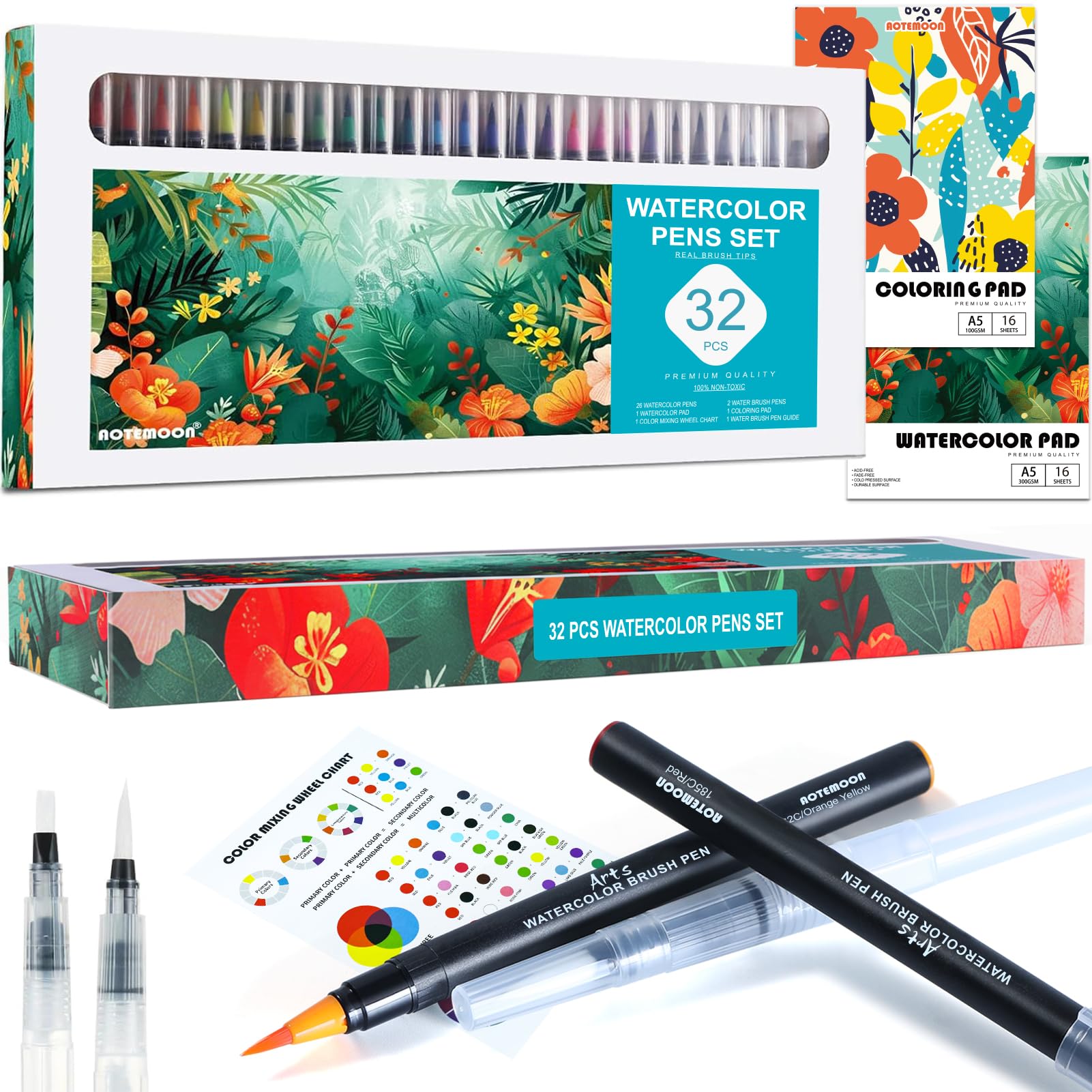 32 Watercolor Pens Set Includes 26 Vivid Colors, Real Brush Tips Markers Set with 2 Blender Pens, Watercolor Pad and Coloring Pad, Art Supplies Gifts for Beginners Young Artists and Adults