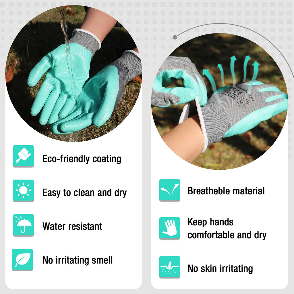 HAUSHOF 6 Pairs Garden Gloves for Women, Nitrile Coated Working Gloves, for Gardening, Restoration Work, Pink & Green, M