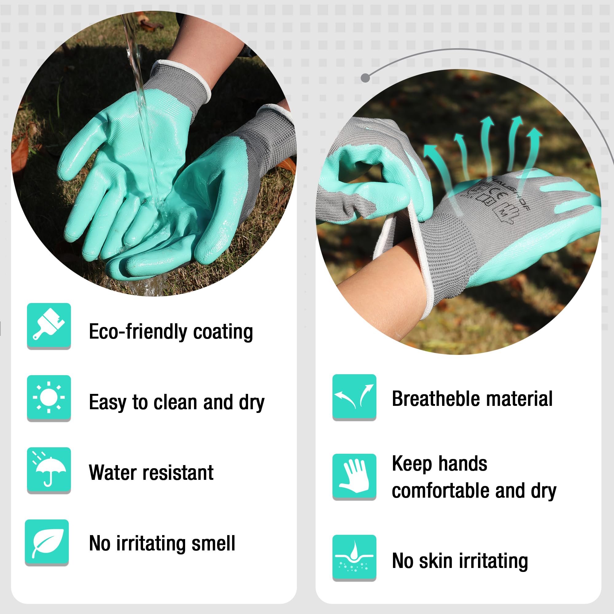 HAUSHOF 6 Pairs Garden Gloves for Women, Nitrile Coated Working Gloves, for Gardening, Restoration Work, Pink & Green, M