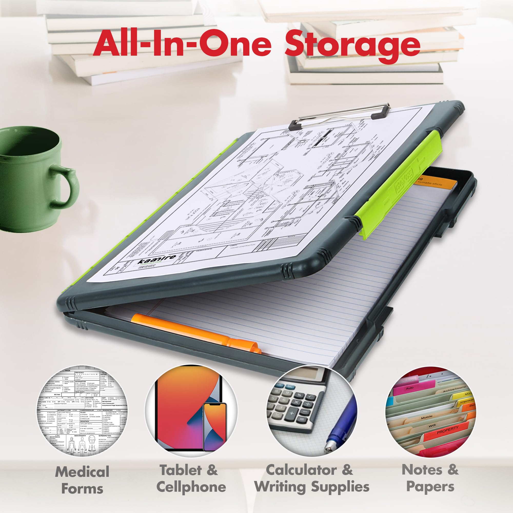 Dexas XL Legal Size Slimcase Storage Clipboard, Gray with Green Clip