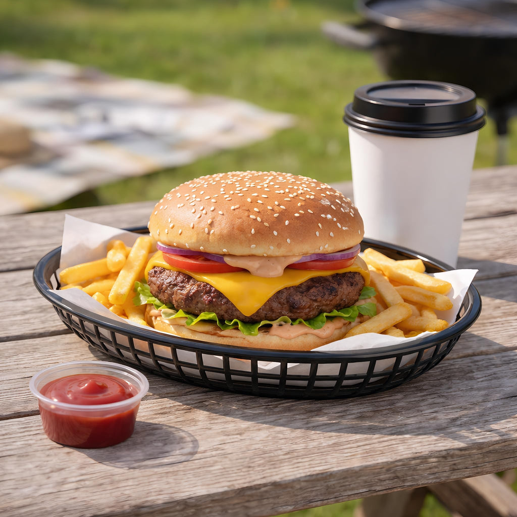 Kingrol 50 Pack Black Oval Fast Food Baskets, Food Serving Tray for Sandwiches, Burgers, Nachos, Fries, Hot Corn Dogs, Plastic Storage Basket Bin, 8-7/8 x 5-5/8 Inches