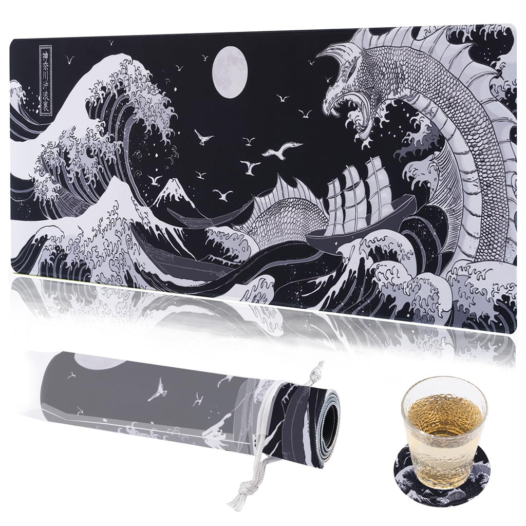 KuZaiALi Japanese Mount Fuji Cherry Blossoms Mouse Pad (Bouns: Coaster+Bag) 31.5x11.8 Inch 3mm Thick Extended Gaming Mousepad Non-Slip Water-Proof Keyboard Pad (Kanagawa Black)