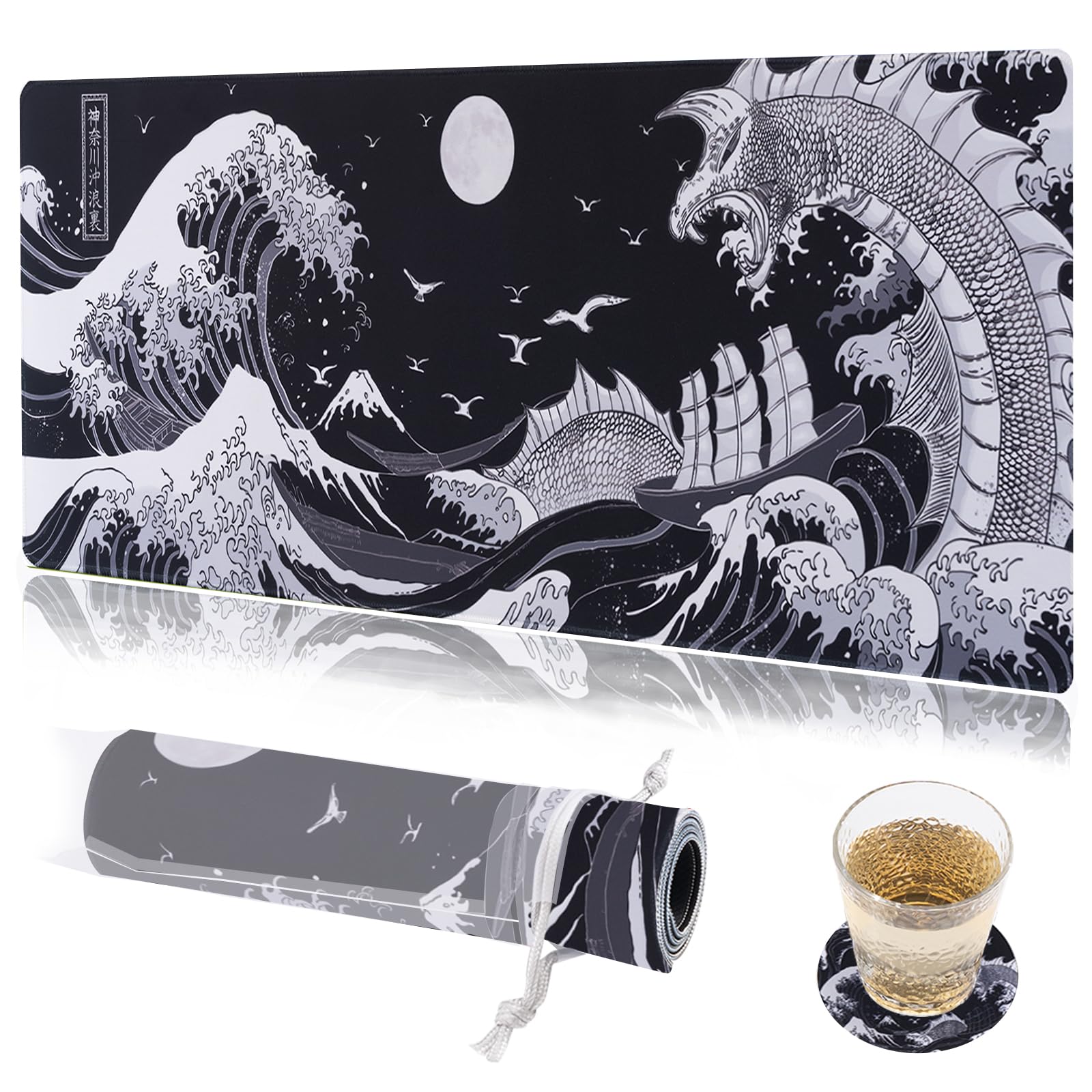 KuZaiALi Japanese Mount Fuji Cherry Blossoms Mouse Pad (Bouns: Coaster+Bag) 31.5x11.8 Inch 3mm Thick Extended Gaming Mousepad Non-Slip Water-Proof Keyboard Pad (Kanagawa Black)