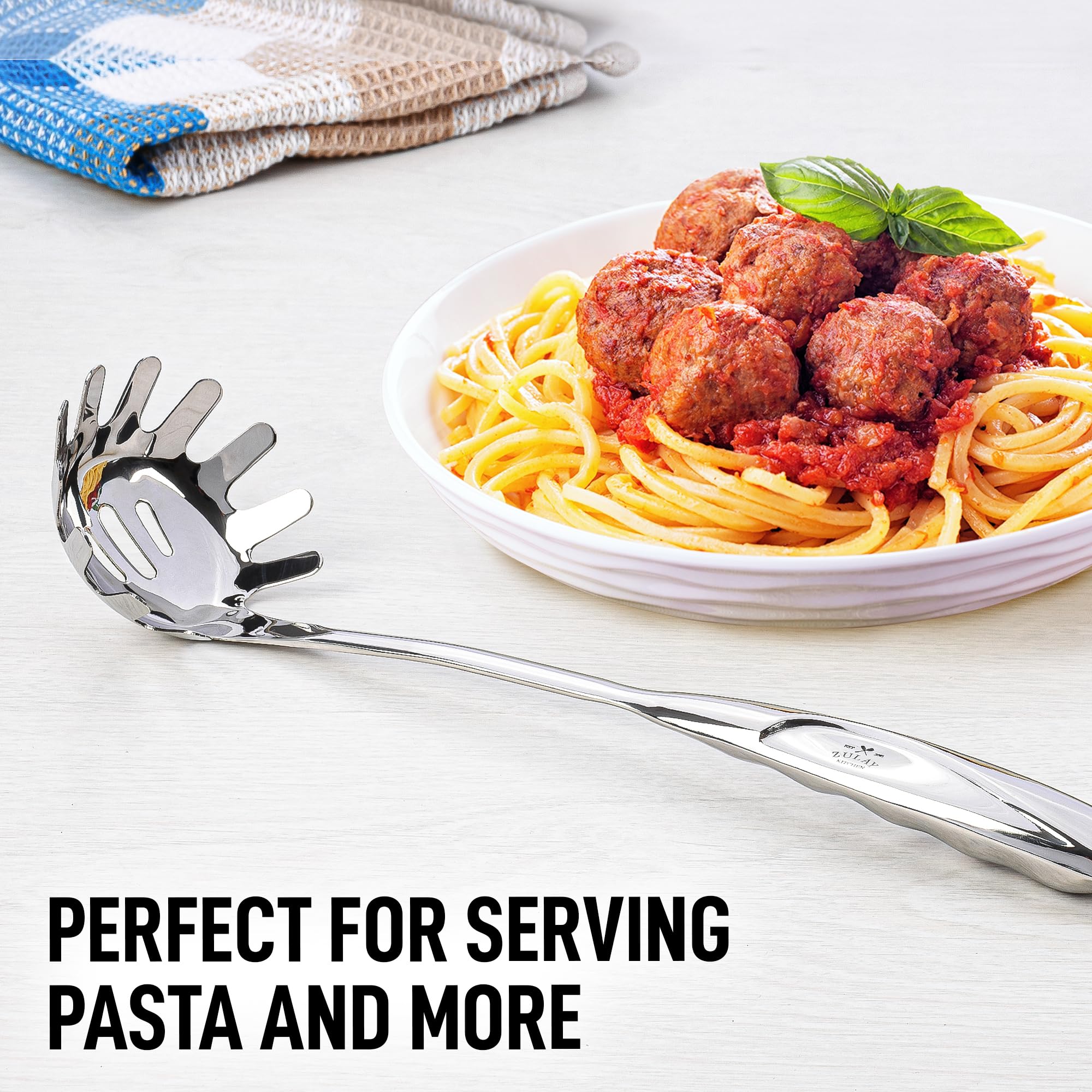 Zulay Kitchen Pasta Server - Durable Food Grade Stainless Steel Pasta Spoon Server with Ergonomic Handle & Heat Resistant Design - Kitchen Spaghetti Server Fork for Noodles, Pasta, & More (12 inch)