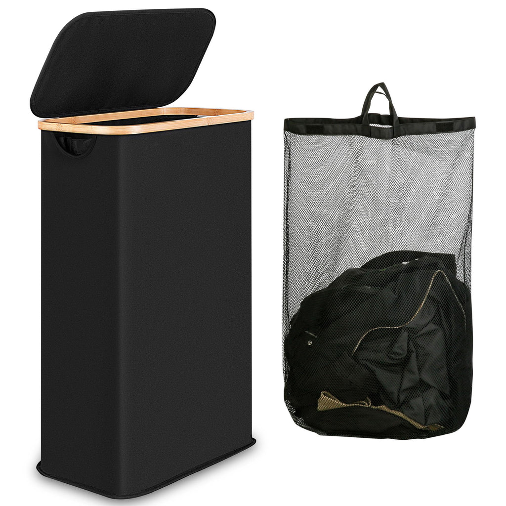 iEGrow 60L Slim Laundry Hamper with Lid Hampers for Laundry,Narrow Laundry Basket with Removable Inner Bag & Bamboo Handles Tall Thin Clothes Hamper for Clothes Toys Towels Organization（Black）