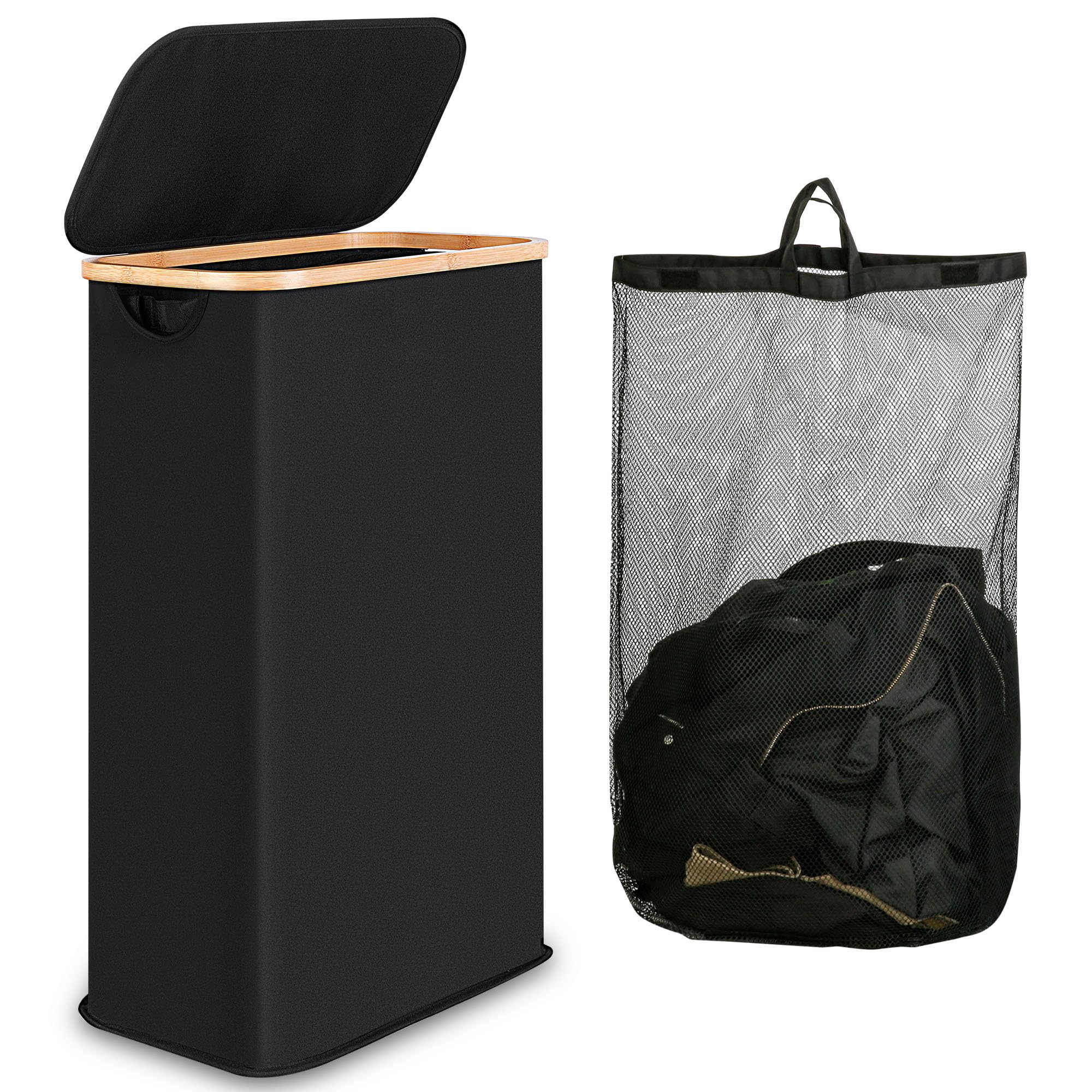 iEGrow 60L Slim Laundry Hamper with Lid Hampers for Laundry,Narrow Laundry Basket with Removable Inner Bag & Bamboo Handles Tall Thin Clothes Hamper for Clothes Toys Towels Organization（Black）