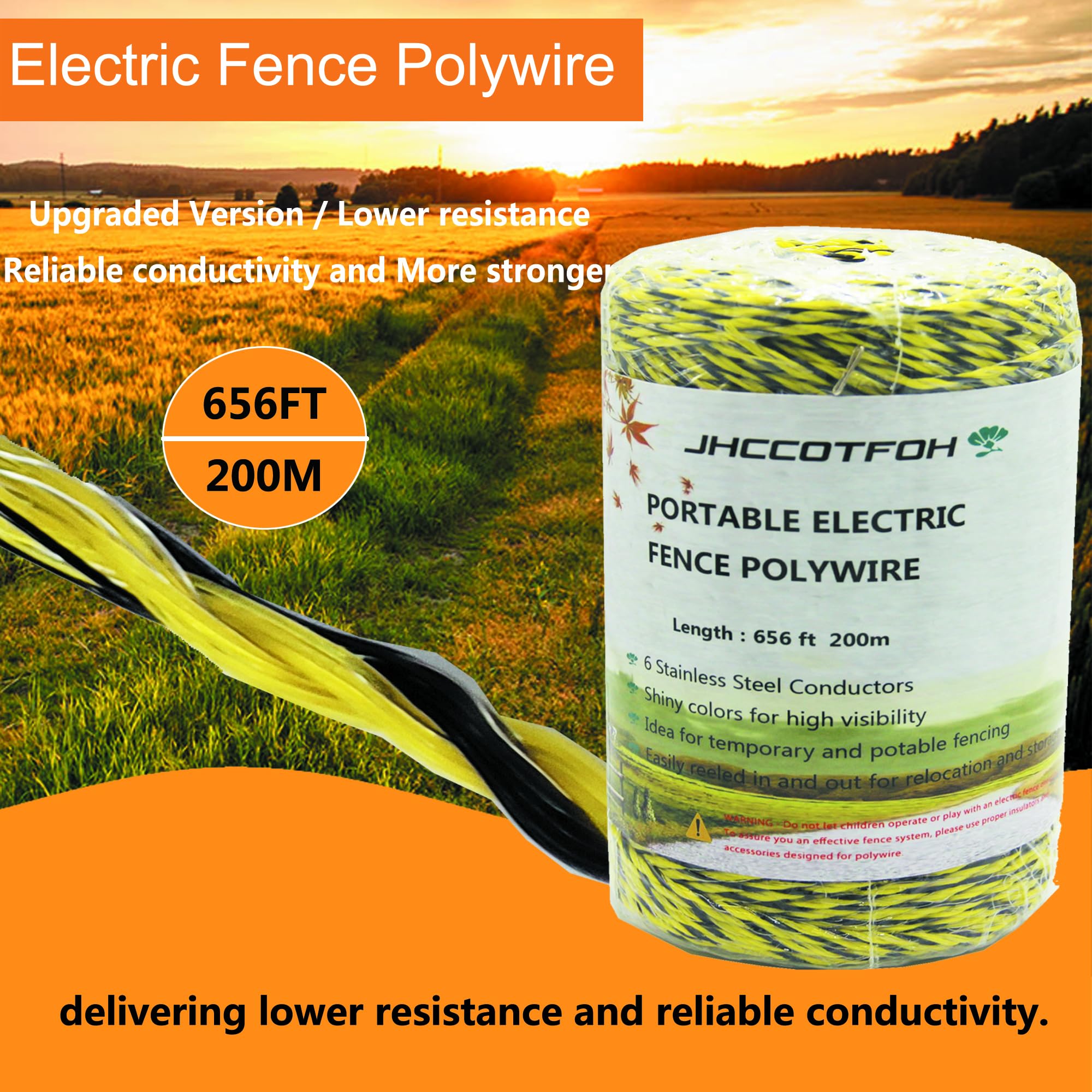 Electric Fence Polywire 656 Feet，200 Meters 6 Conductors Portable Electric-Fence Rope for Reliable Conductivity and Rust Resistance
