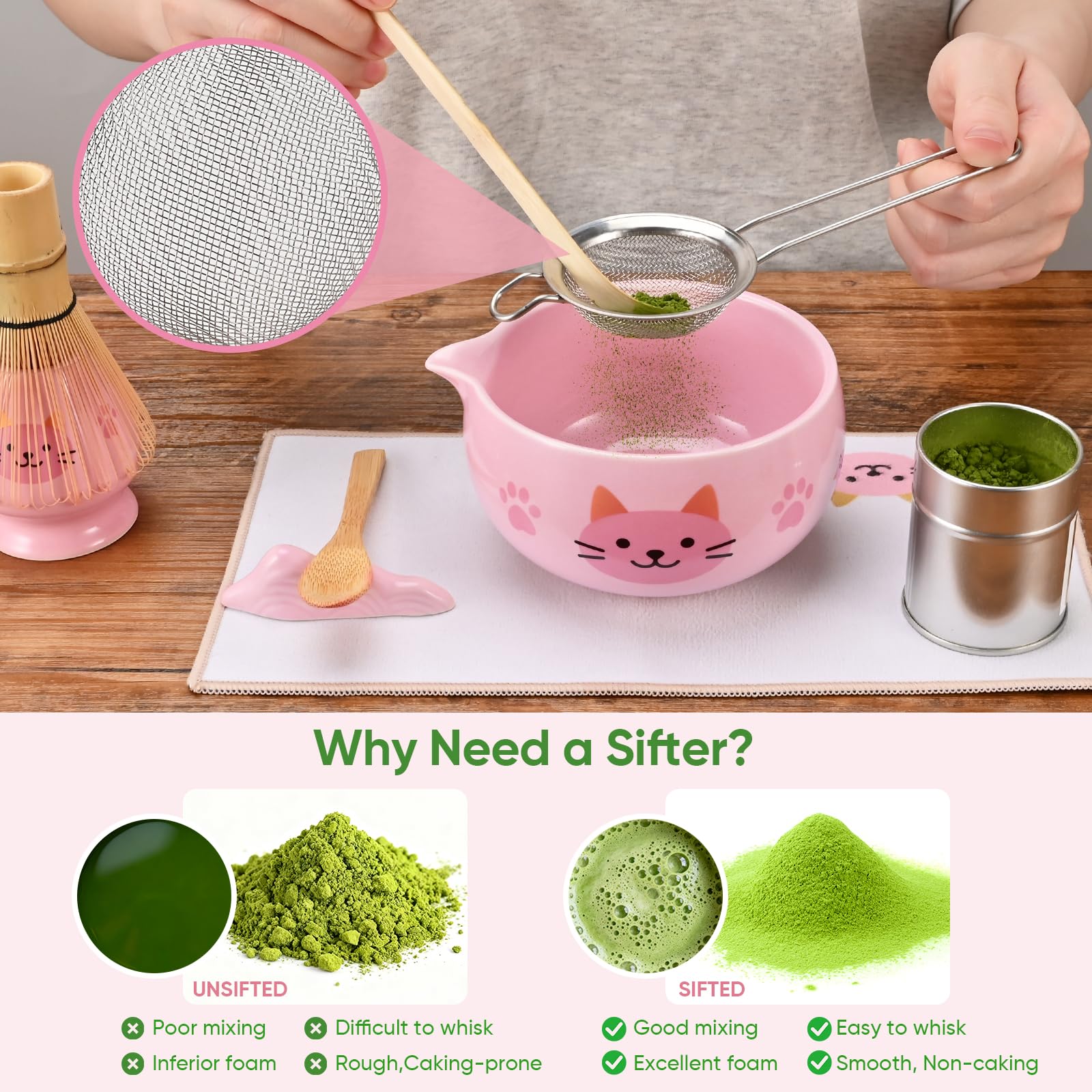 Vanmiya Matcha Whisk Set, 8Pcs Matcha Set for Ceremony, Matcha Kit, Matcha Whisk and Ceramic Bowl with Matcha Scoop & Sifter and All Accessories for Breakfast, Afternoon Tea, Gift for Matcha Lovers