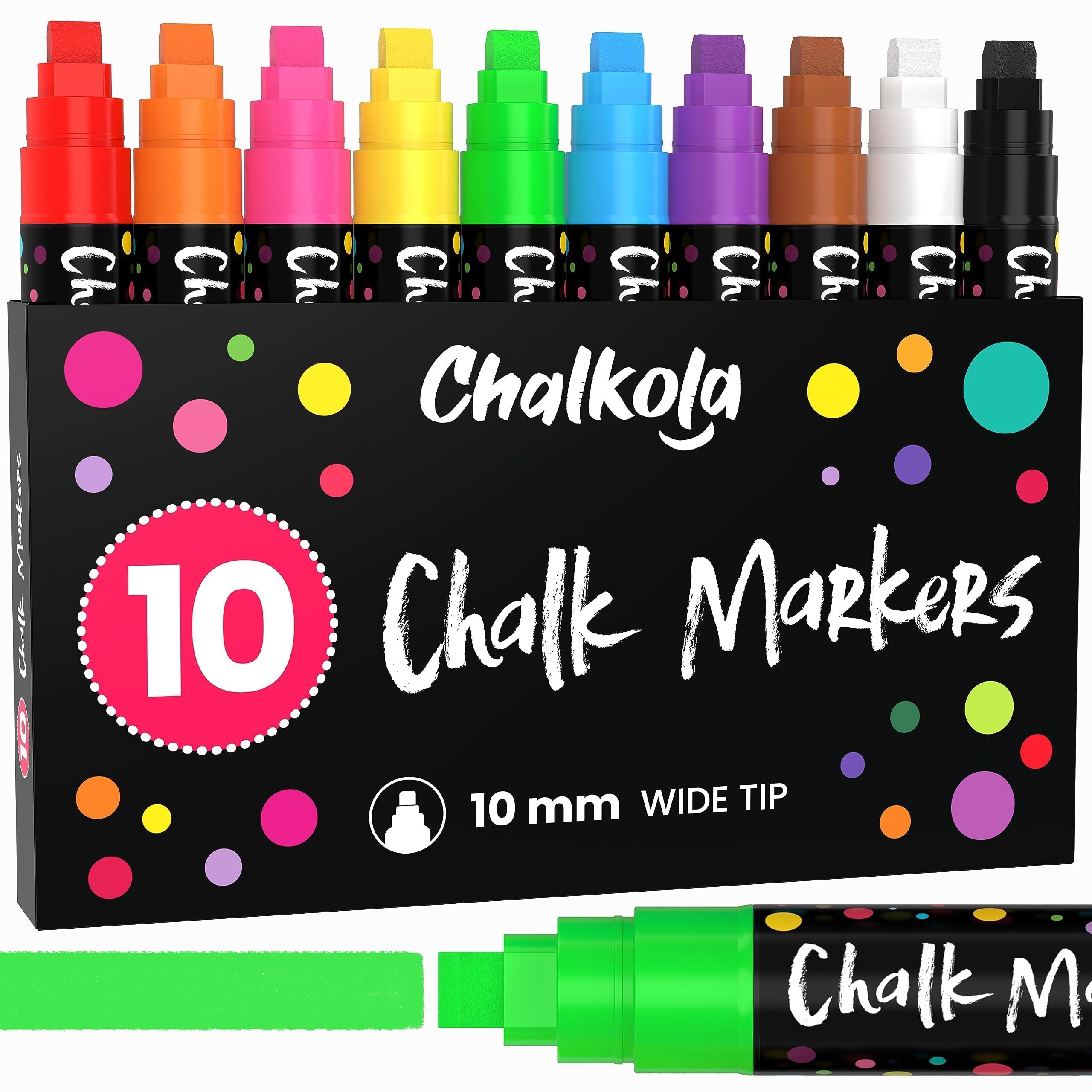 Chalkola 10 Chalk Markers for Chalkboard, Blackboard, Window, Bistro, Car Glass, Board, Mirror - 10mm 3-in-1 Wide Nib
