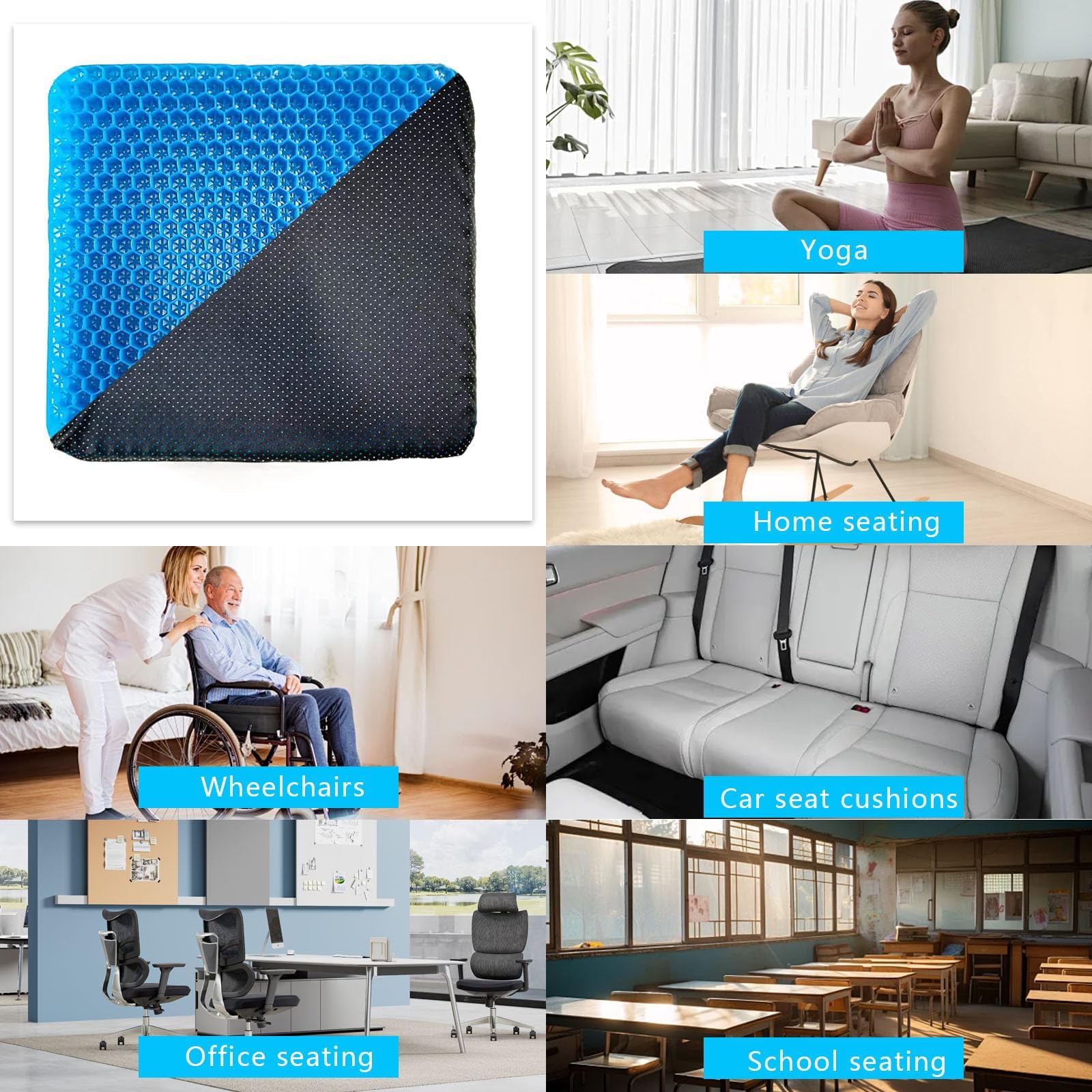 Gel Seat Cushion for Office Chair, 43 x 45 cm Double Layer Honeycomb Cooling Pad with 2 Washable Non Slip Covers, Pressure Relief Seat Cushion for Long Sitting, Car, Home and Wheelchair