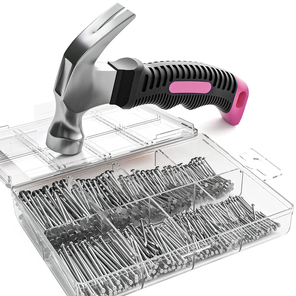 INCLY 620 PCS Small Nails for Hanging Pictures Assortment Kit with 8oz Pink Small Hammer, Mini Hammer Set with Hardware Nails Assorted Set 310 Wall Nail & 310 Finish Nail for Installing with Case