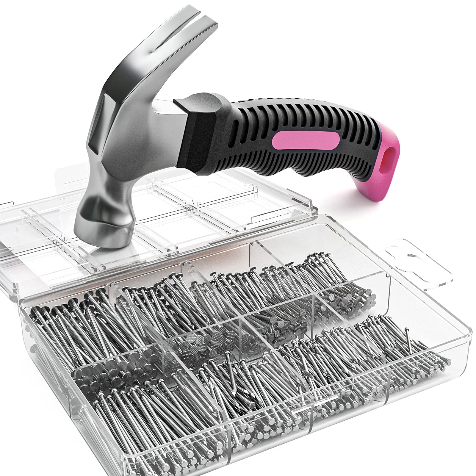 INCLY 620 PCS Small Nails for Hanging Pictures Assortment Kit with 8oz Pink Small Hammer, Mini Hammer Set with Hardware Nails Assorted Set 310 Wall Nail & 310 Finish Nail for Installing with Case