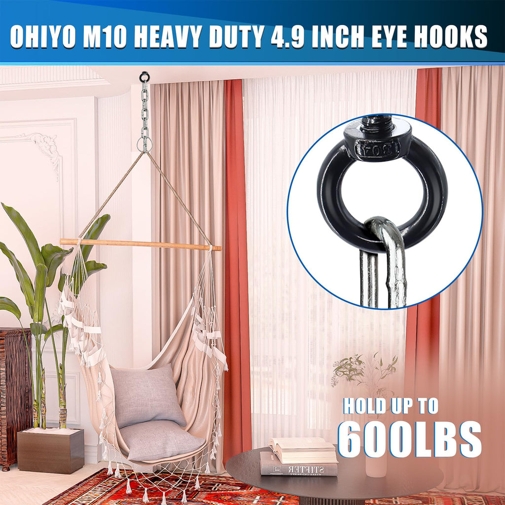 OHIYO 5 Inch Heavy Duty Eye Hooks M10 Eyelet Screw Load Capacity 600LBS Heavy Duty Screw in Eye Hooks for Hammock Stand, Swing Chair, Yoga, Heavy Indoor & Outdoor Uses (Black)