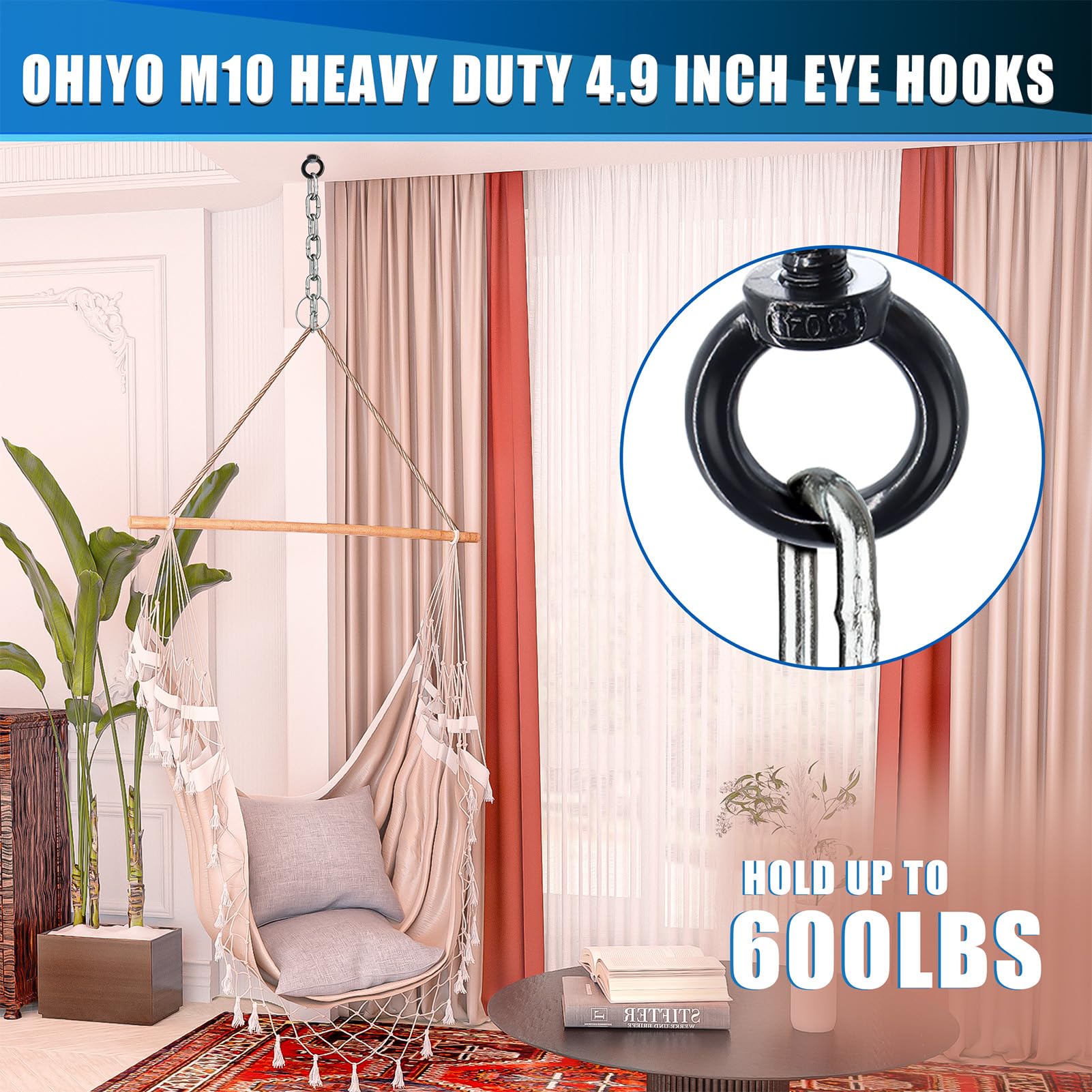 OHIYO 5 Inch Heavy Duty Eye Hooks M10 Eyelet Screw Load Capacity 600LBS Heavy Duty Screw in Eye Hooks for Hammock Stand, Swing Chair, Yoga, Heavy Indoor & Outdoor Uses (Black)
