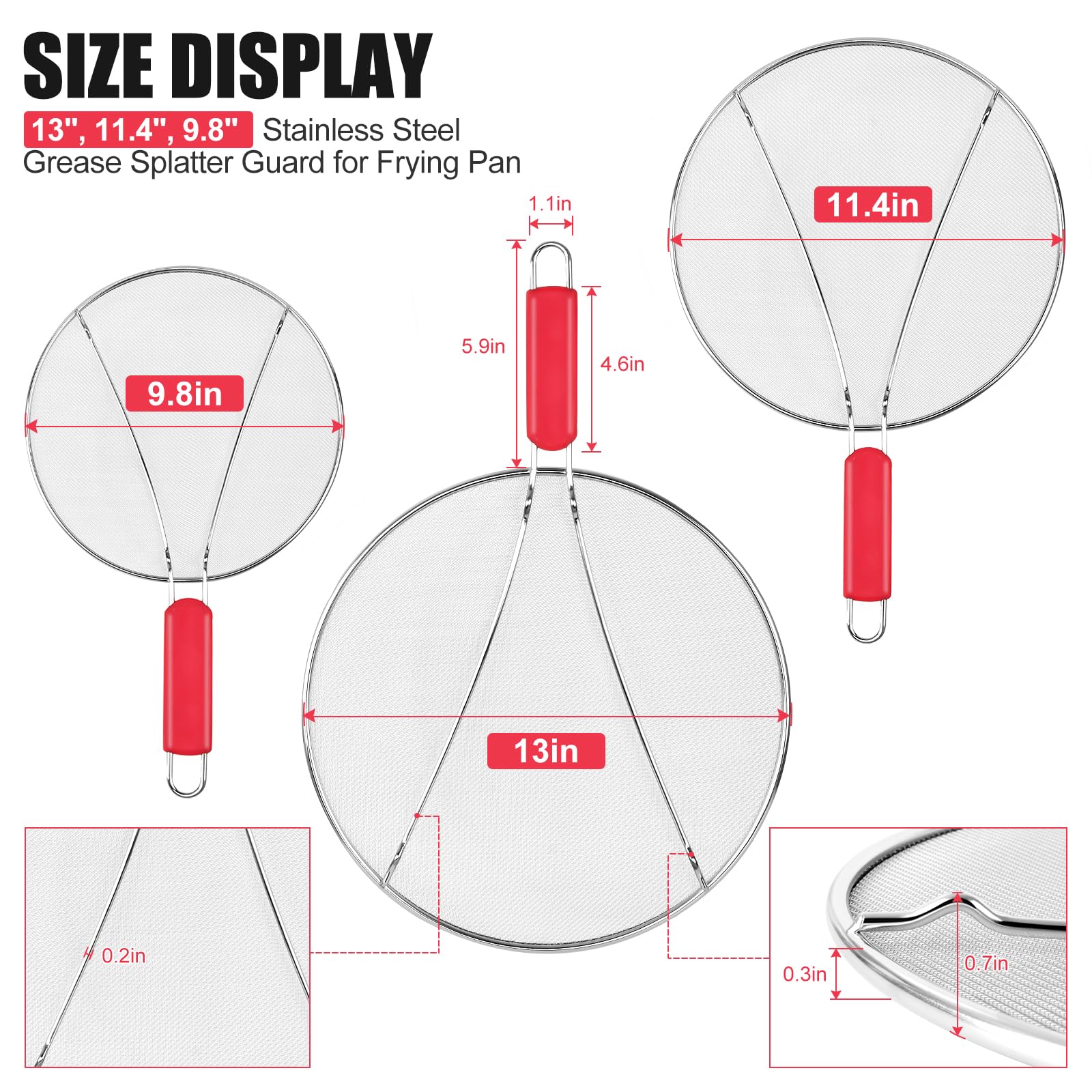 Stainless Steel Splatter Screen for Frying Pan - 9.8" 11.4" 13" Ultra Fine Mesh Grease Splatter Guard, Hot Oil Splatter Guard Shield Grease for Cooking, Kitchen Splash Guard to Prevent Oil Splatter
